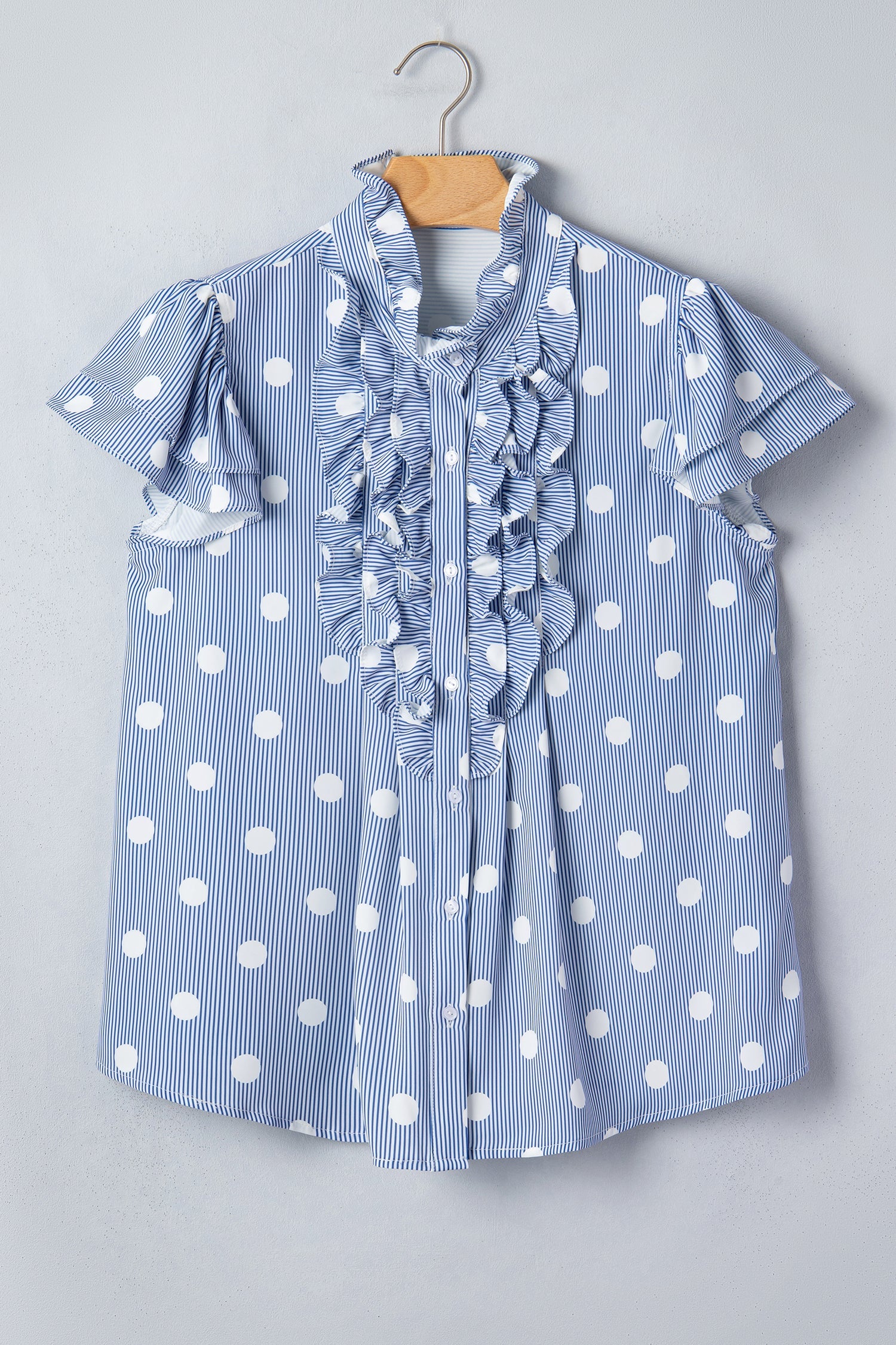 Stripe Contrast Polka Dot Pleated Ruffle Sleeve Shirt