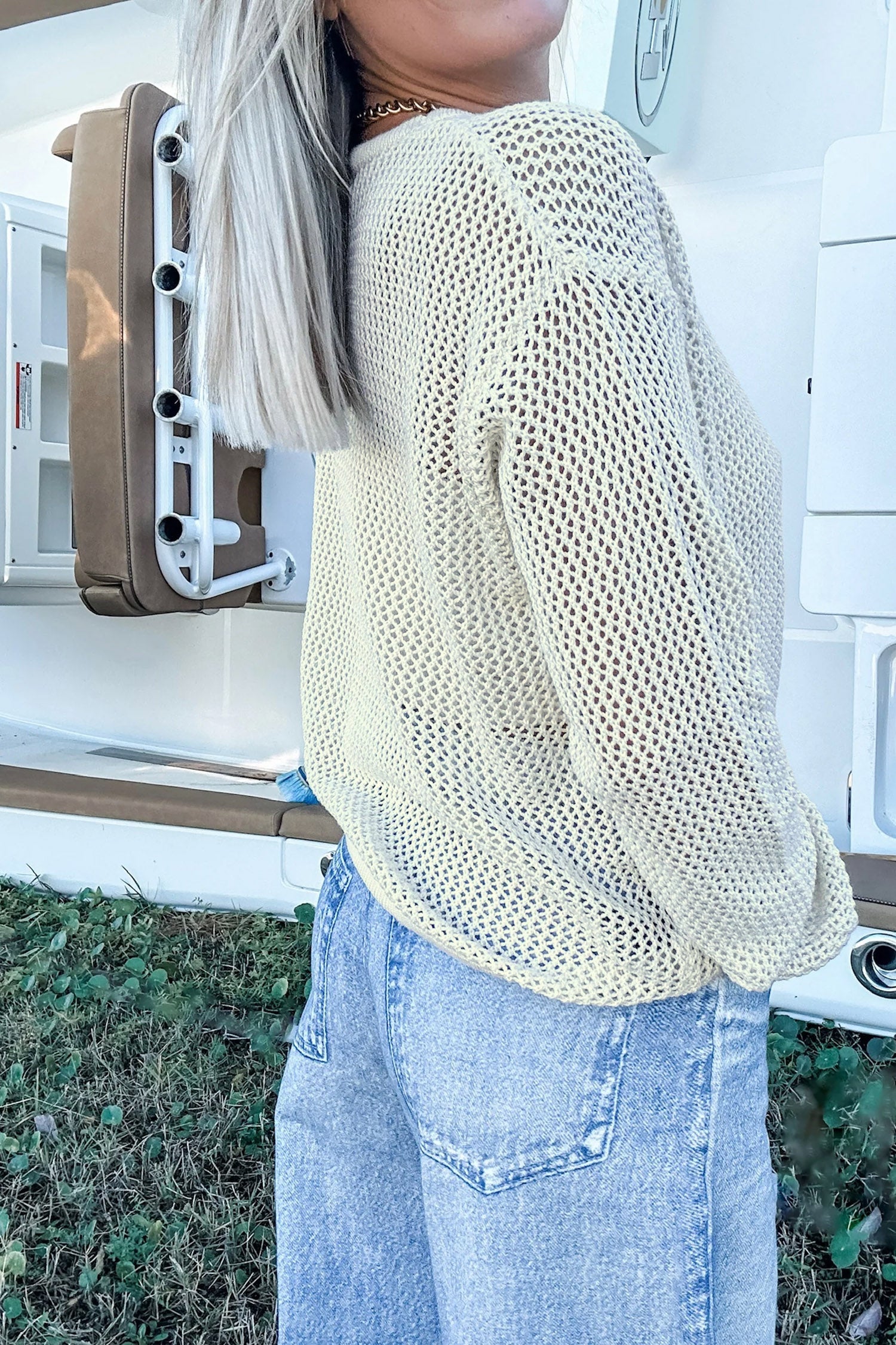 Fish Embroidered Crew Neck Crochet Knit Sweater