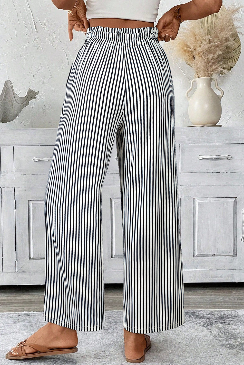Stripe Tied High Waist Straight Leg Pants