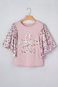 Floral Contrast Patchwork Flowy 3/4 Sleeve Blouse