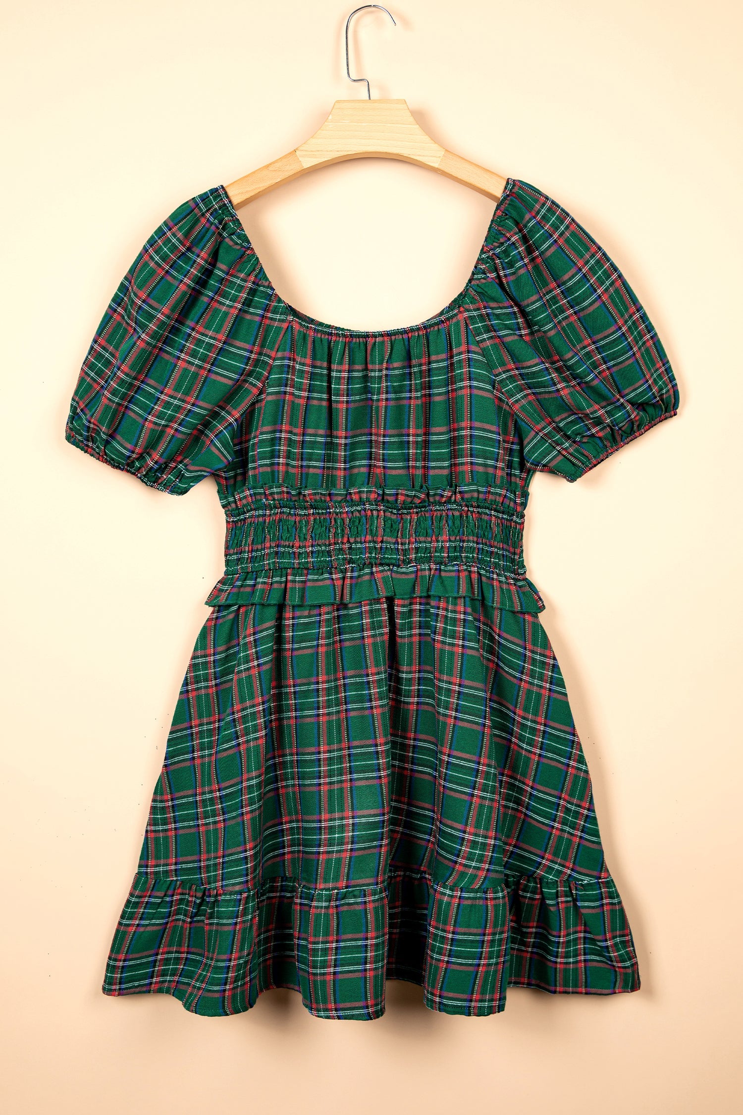 Plaid Shirred Scoop Neck Short Sleeve Mini Dress