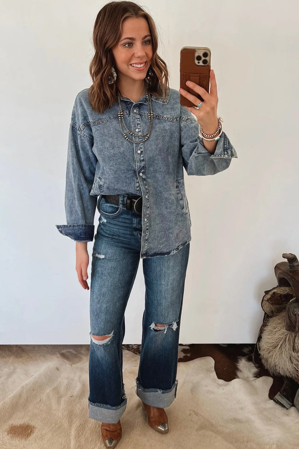 Western Mineral Wash Denim Long Sleeve Shirt Jacket