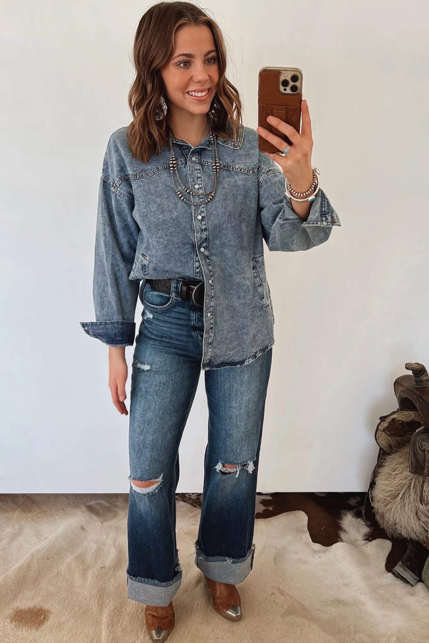 Western Mineral Wash Denim Long Sleeve Shirt Jacket