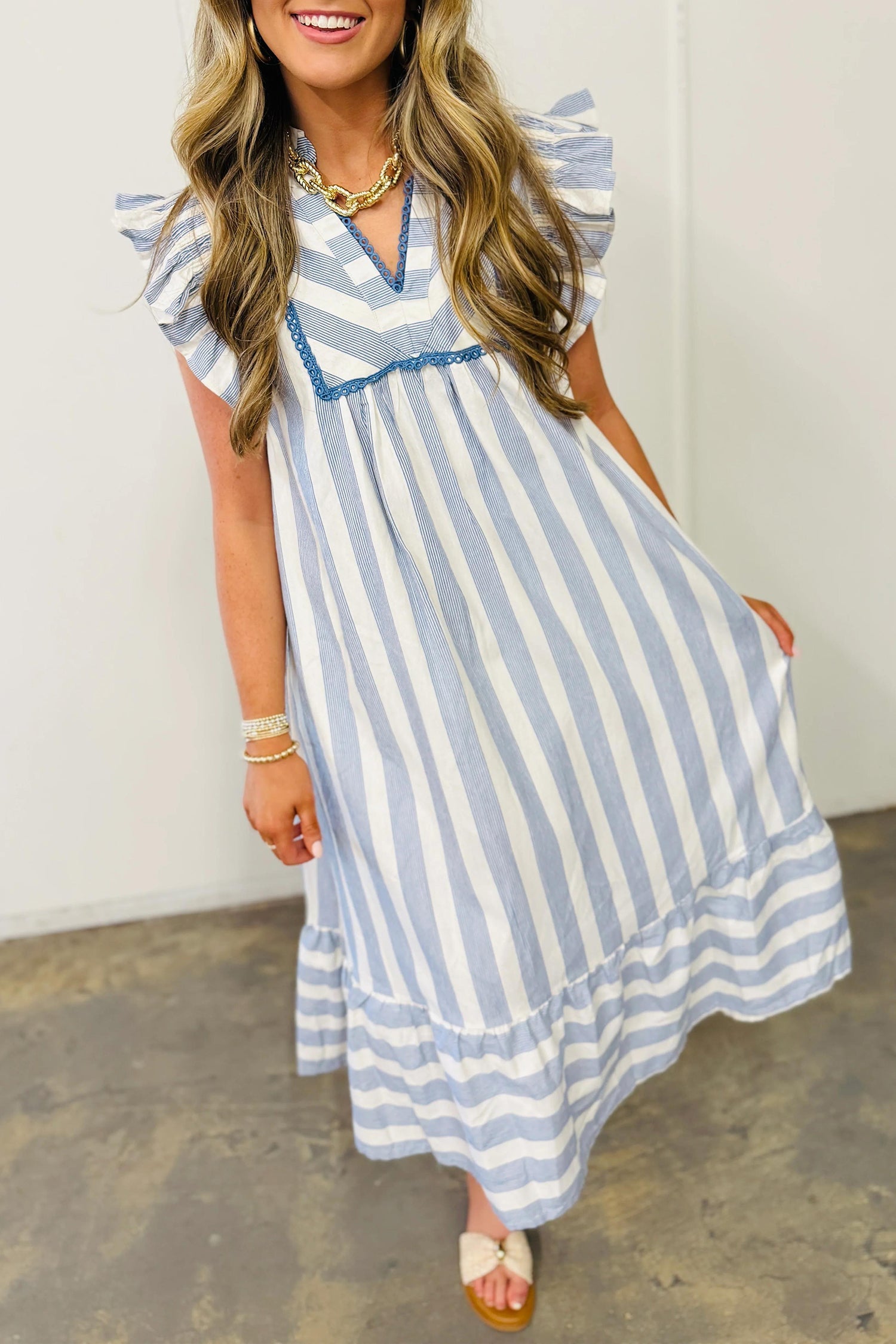 Stripe Lace Trim V-Neck Ruffle Midi Dress