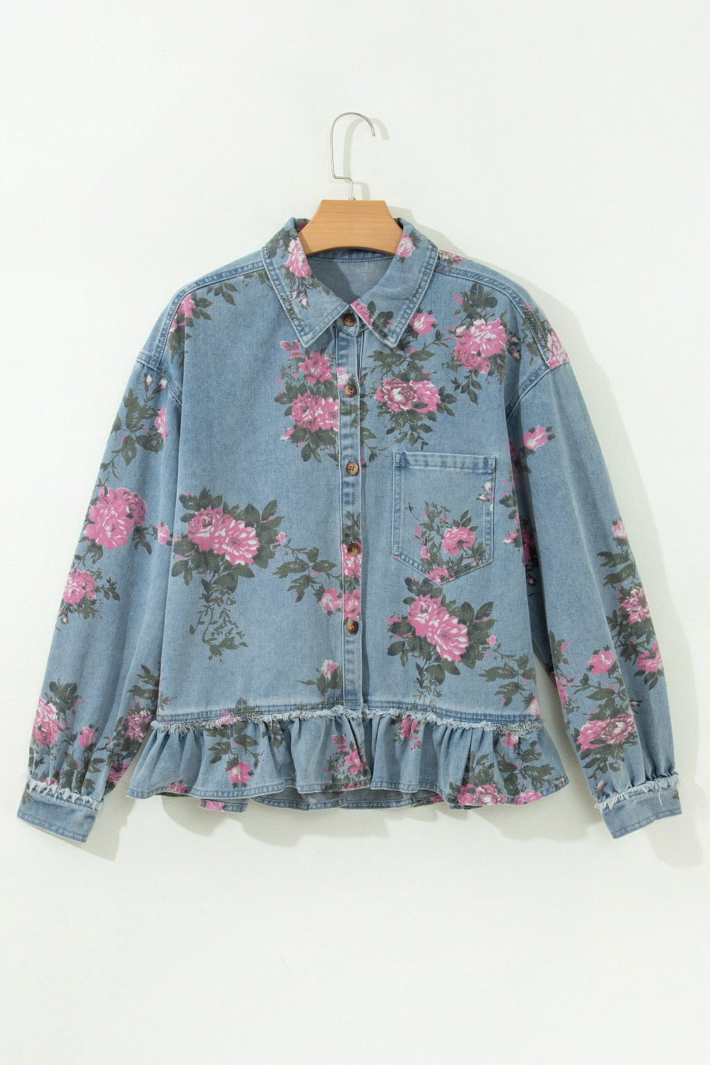 Floral Denim Raw Seam Ruffle Hem Jacket