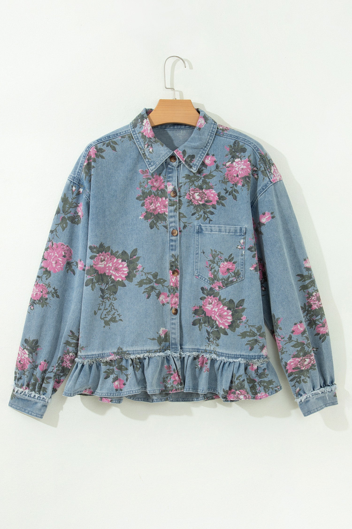 Floral Denim Raw Seam Ruffle Hem Jacket