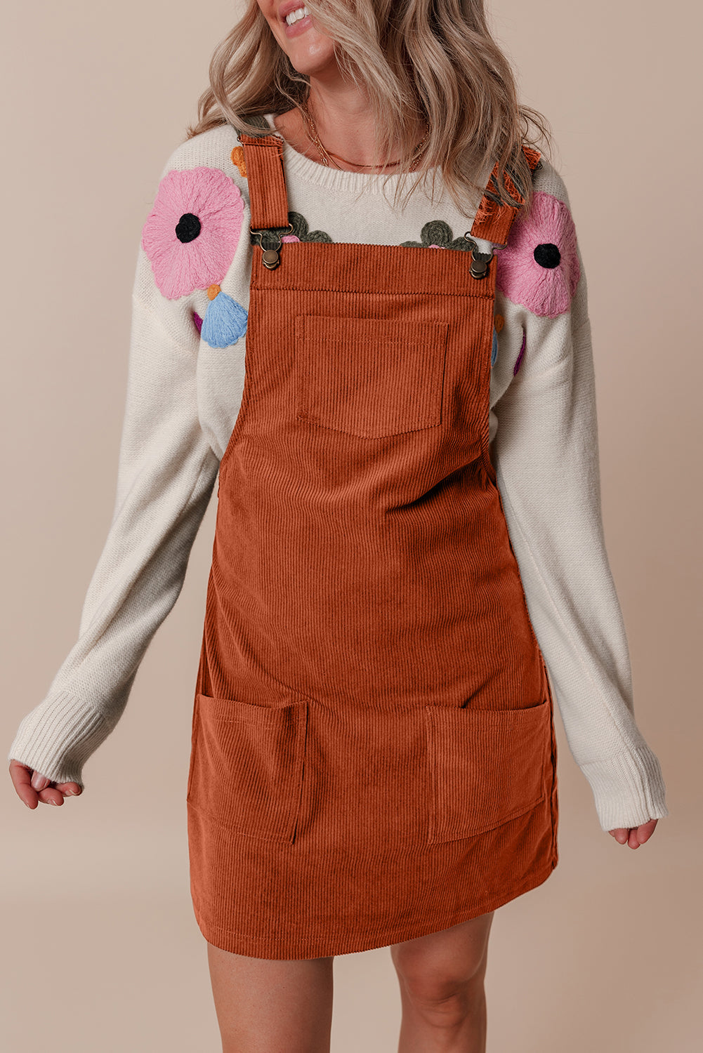 Solid Corduroy Front Pocket Sleeveless Overall Dress