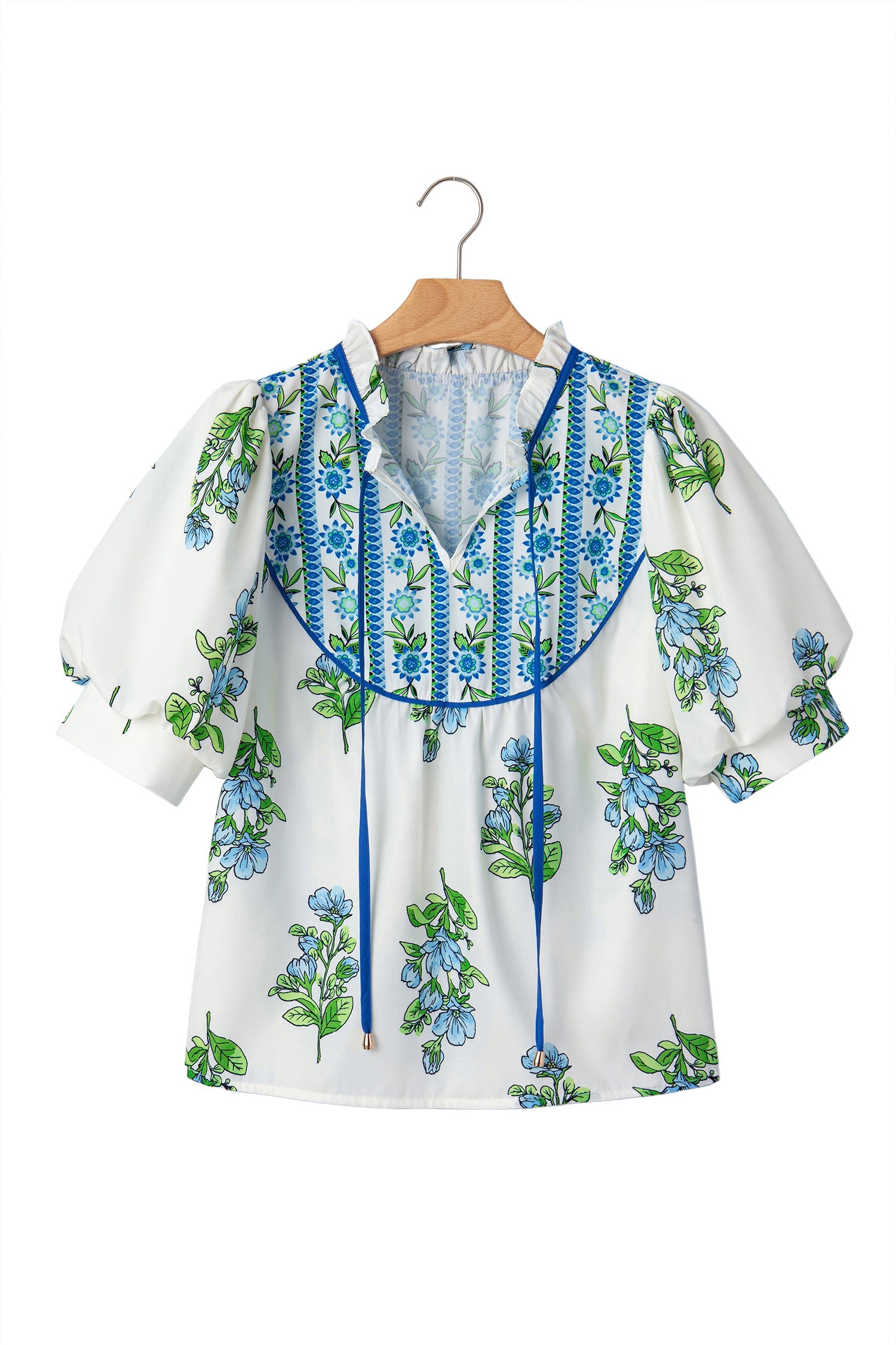 Floral Contrast Trim Tie Neck Blouse