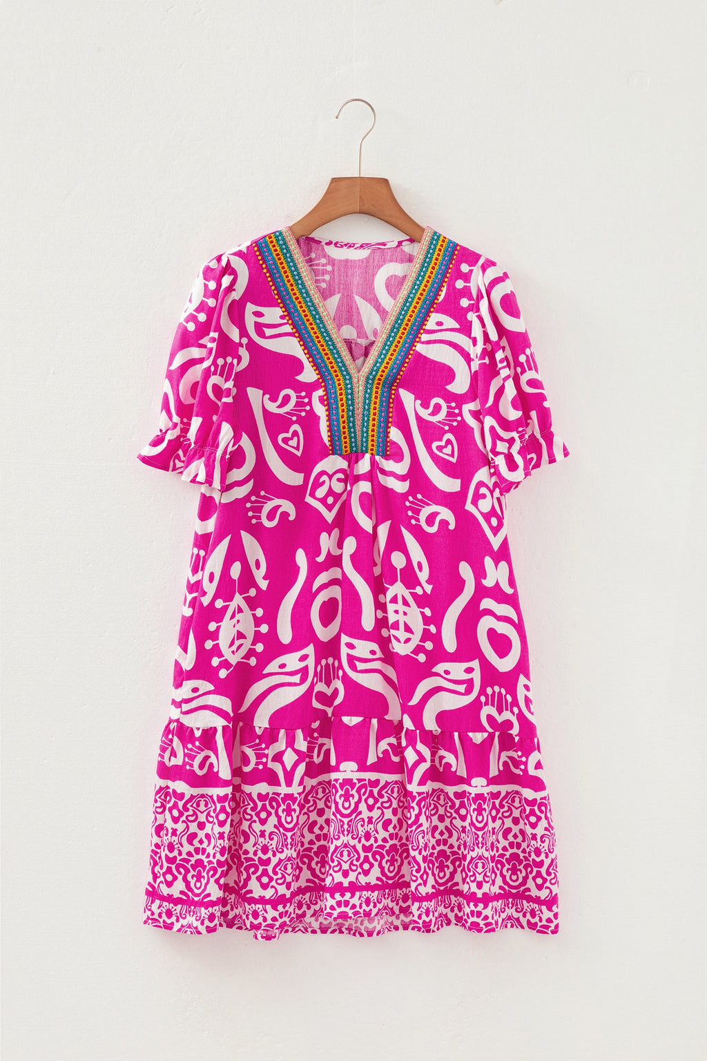 Boho Abstract Contrast Trim V-Neck Flared Dress