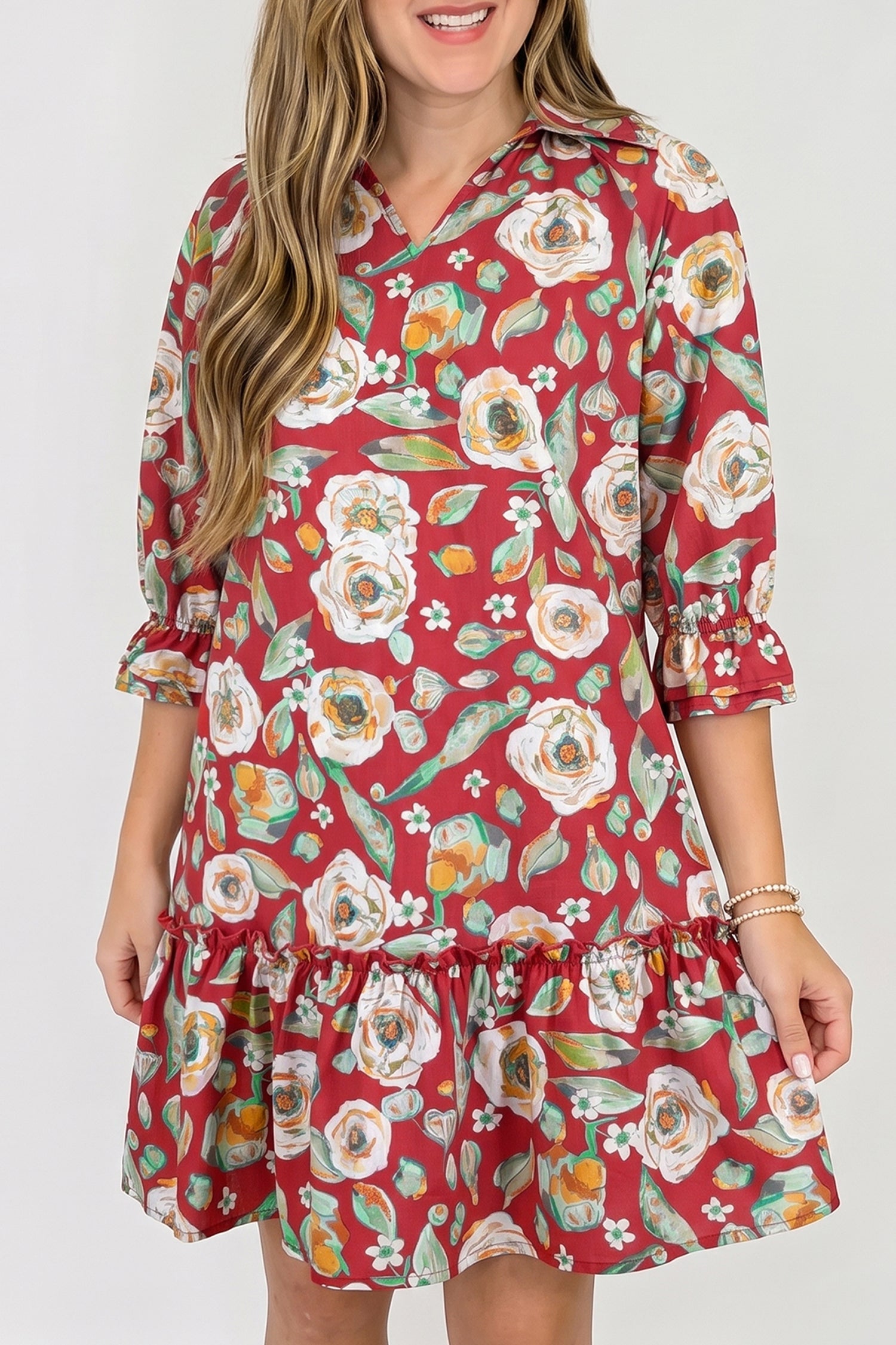 Floral Ruffle 3/4 Sleeve V-Neck Mini Dress