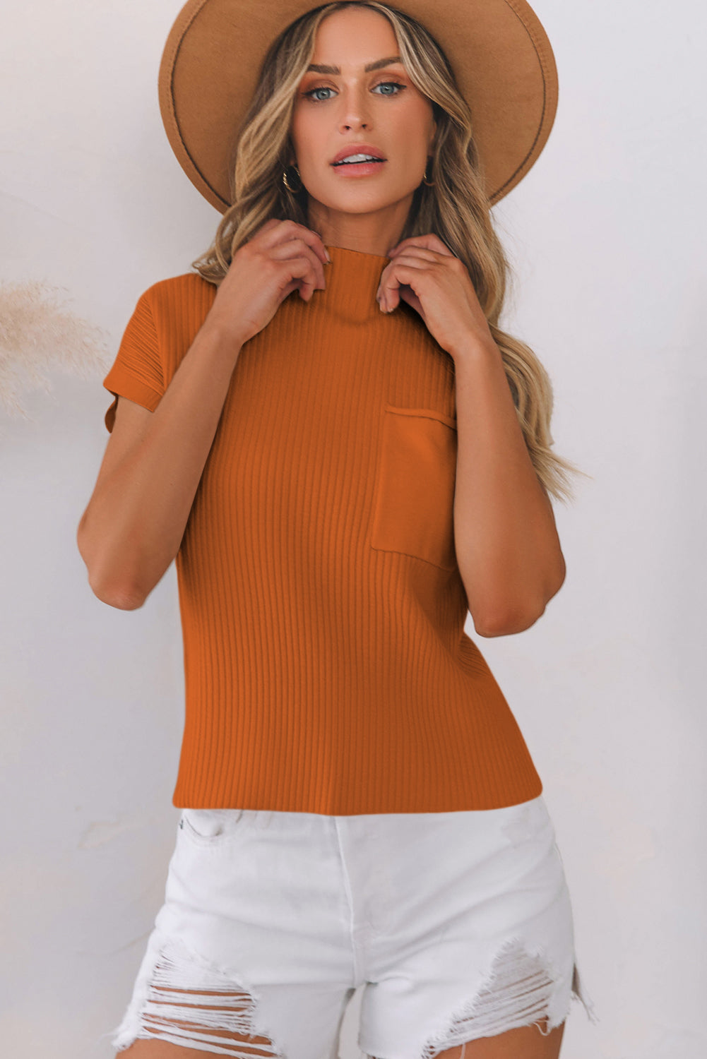 Solid Ribbed Knit Patch Pocket Short Sleeve Sweater