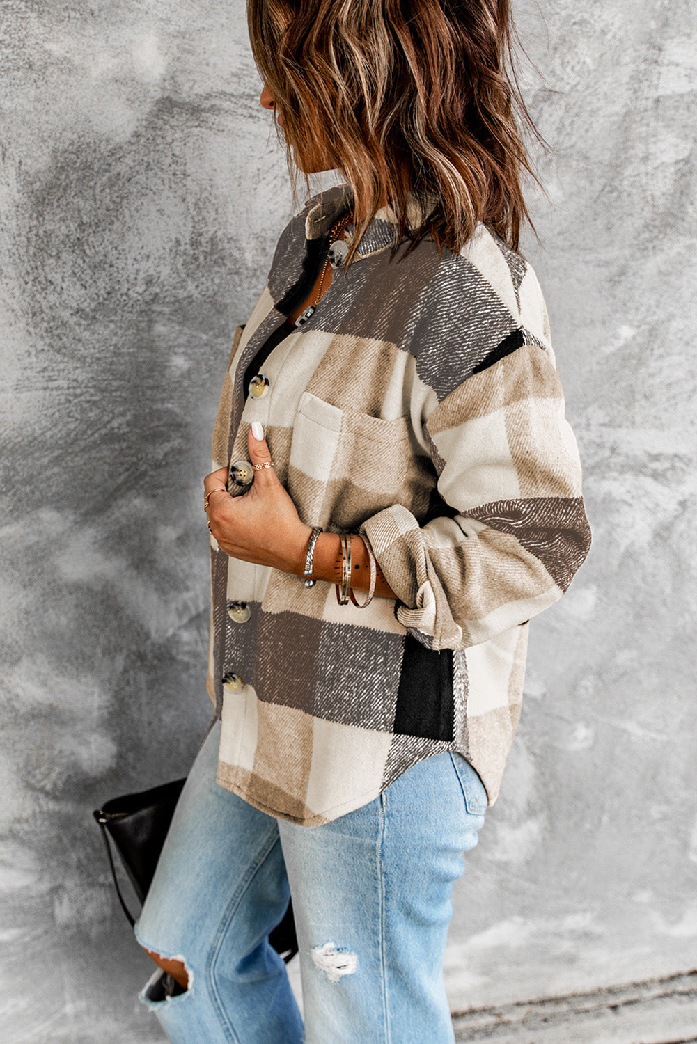 Plaid Button-Up Long Sleeve Pocketed Shacket