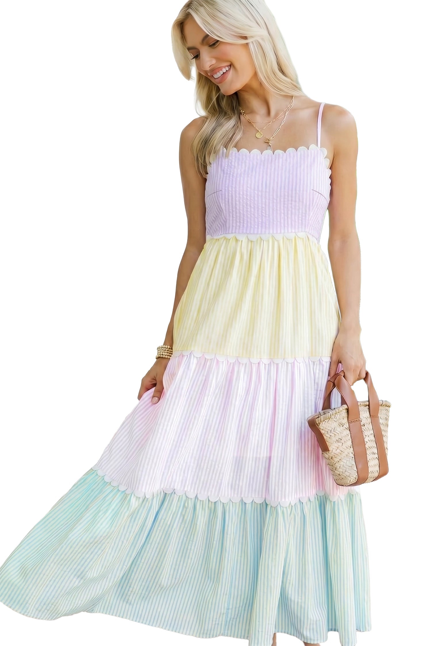 Stripe Colorblock Scallop Ricrac Trim Maxi Dress