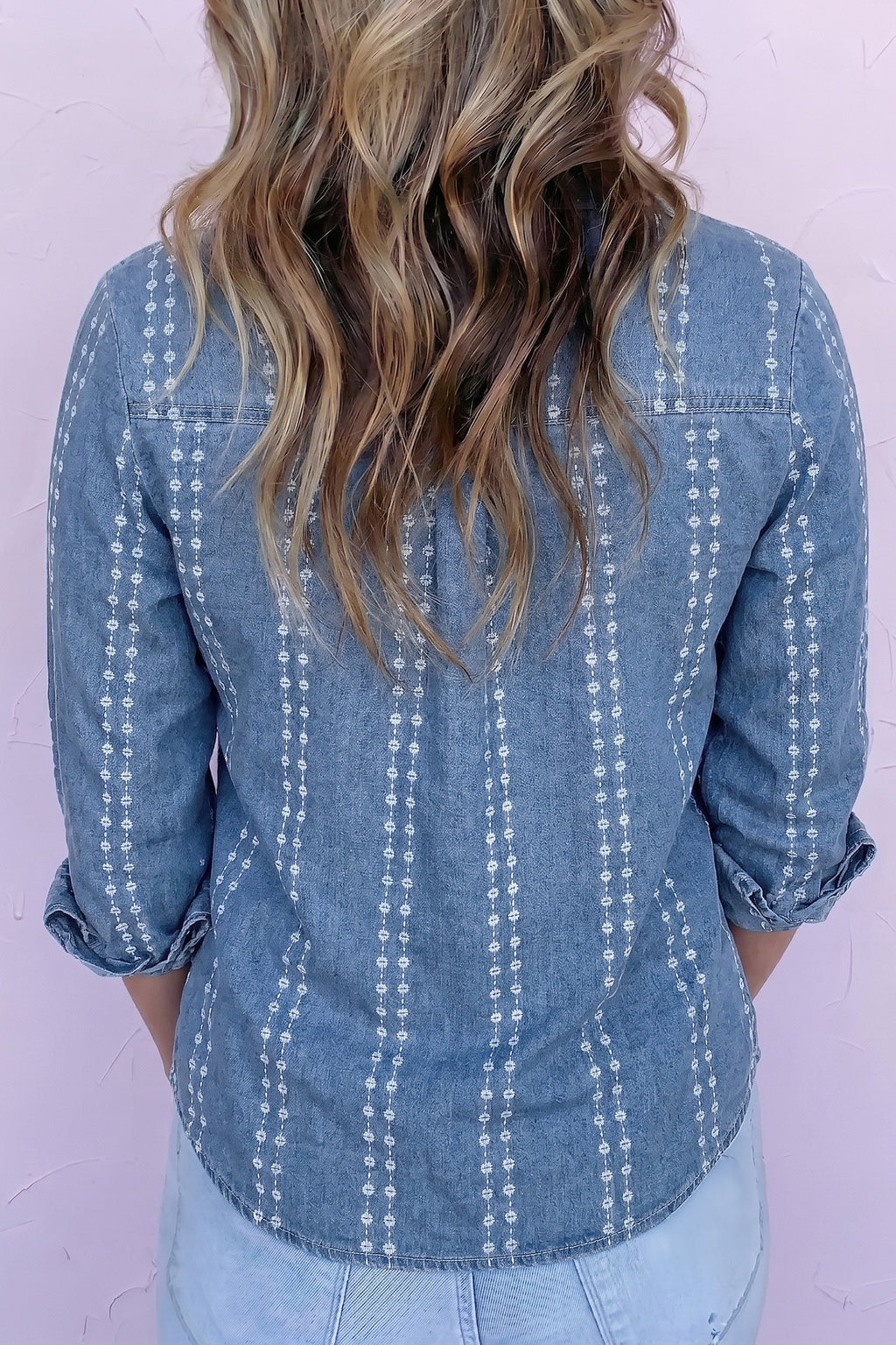 Floral Stripe Denim Buttoned Long Sleeve Shirt