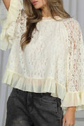 Sheer Lace Ruffle Trim Long Sleeve Blouse