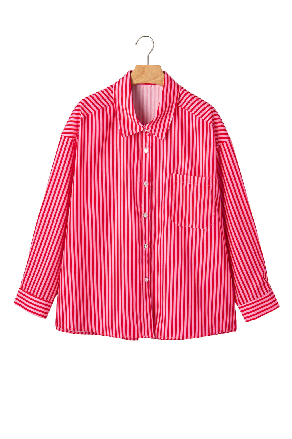 Stripe Patch Pocket Button-Up Long Sleeve Blouse