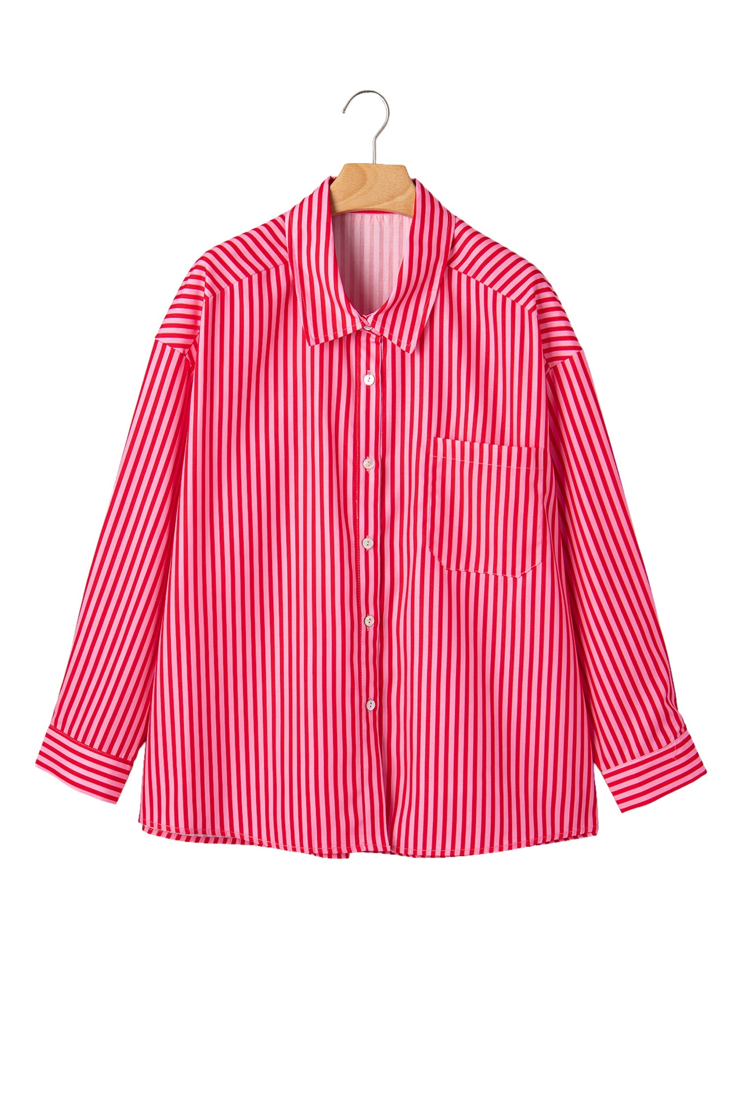 Stripe Patch Pocket Button-Up Long Sleeve Blouse