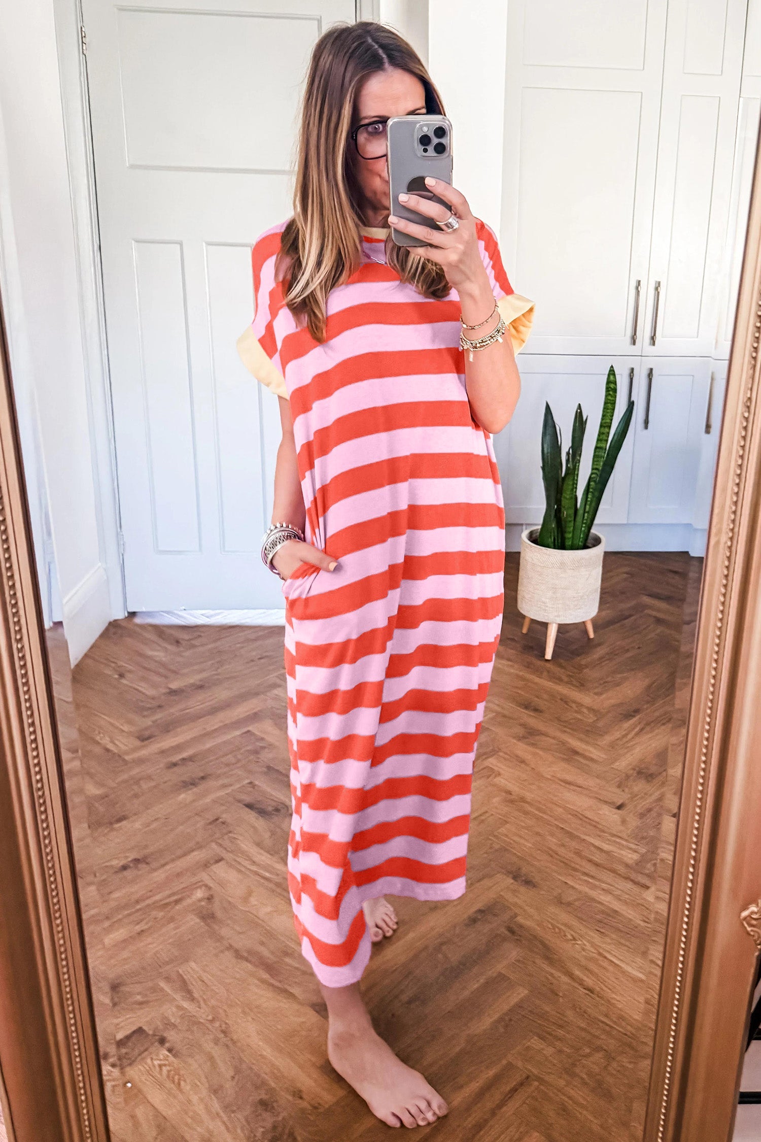 Stripe Cuffed Short Sleeve T-Shirt Long Dress w/ Pockets