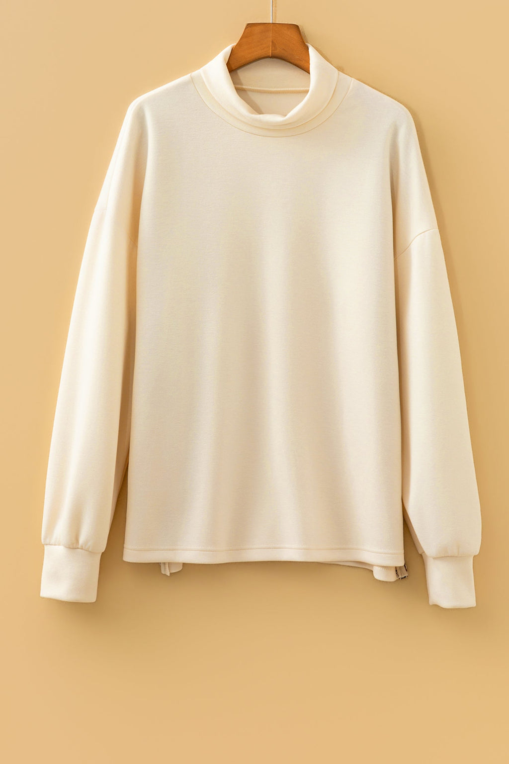 Leopard Trim Split Hem Mock Neck Long Sleeve Top