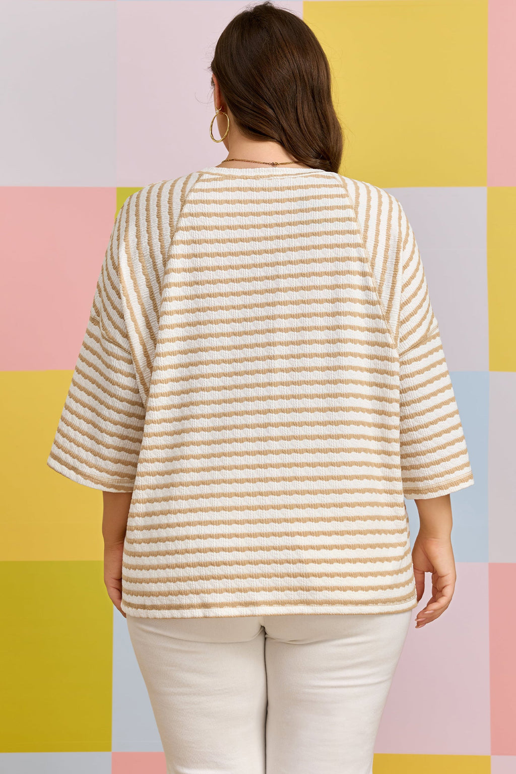 Plus Size Stripe Textured Patchwork 3/4 Sleeve Top