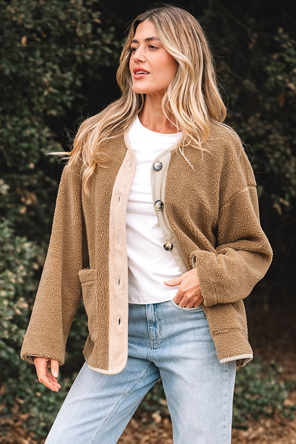 Fleece Corduroy Patchwork Button Up Jacket