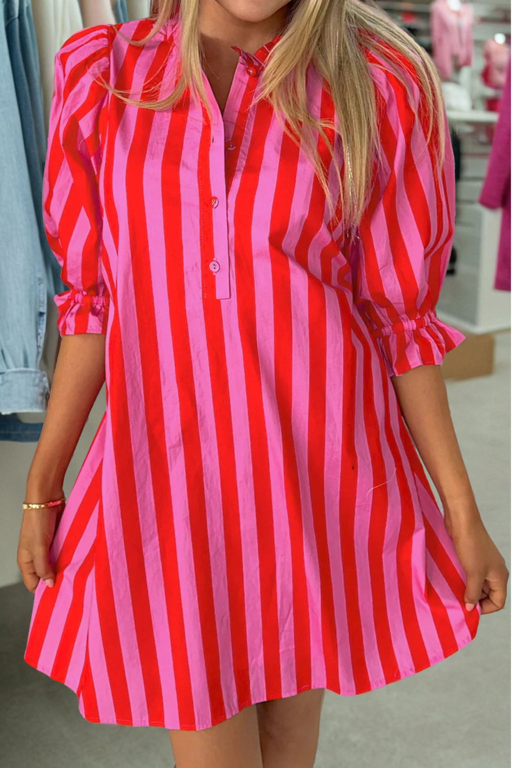 Stripe Half-Button Puff Sleeve Mini Dress
