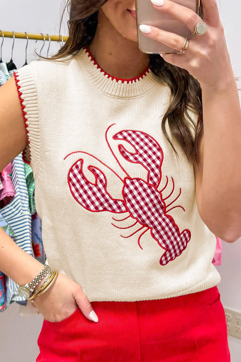 Gingham Plaid Crawfish Sleeveless Sweater Top