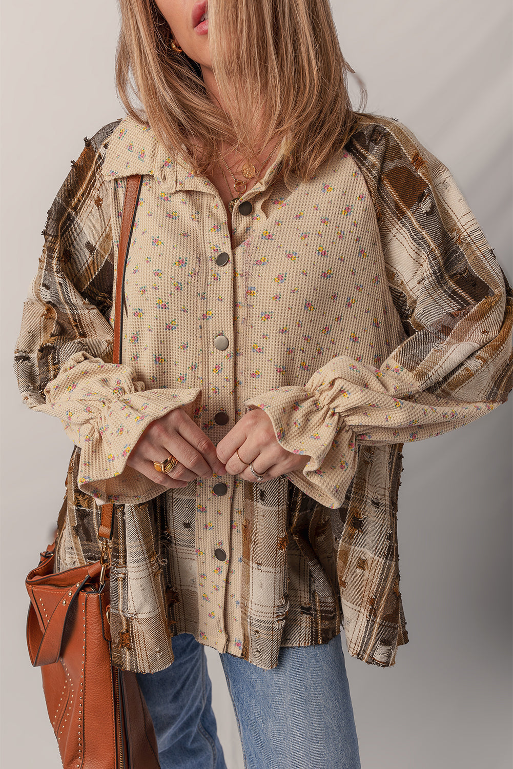 Floral Plaid Patchwork Ruffle Waffle Knit Shacket