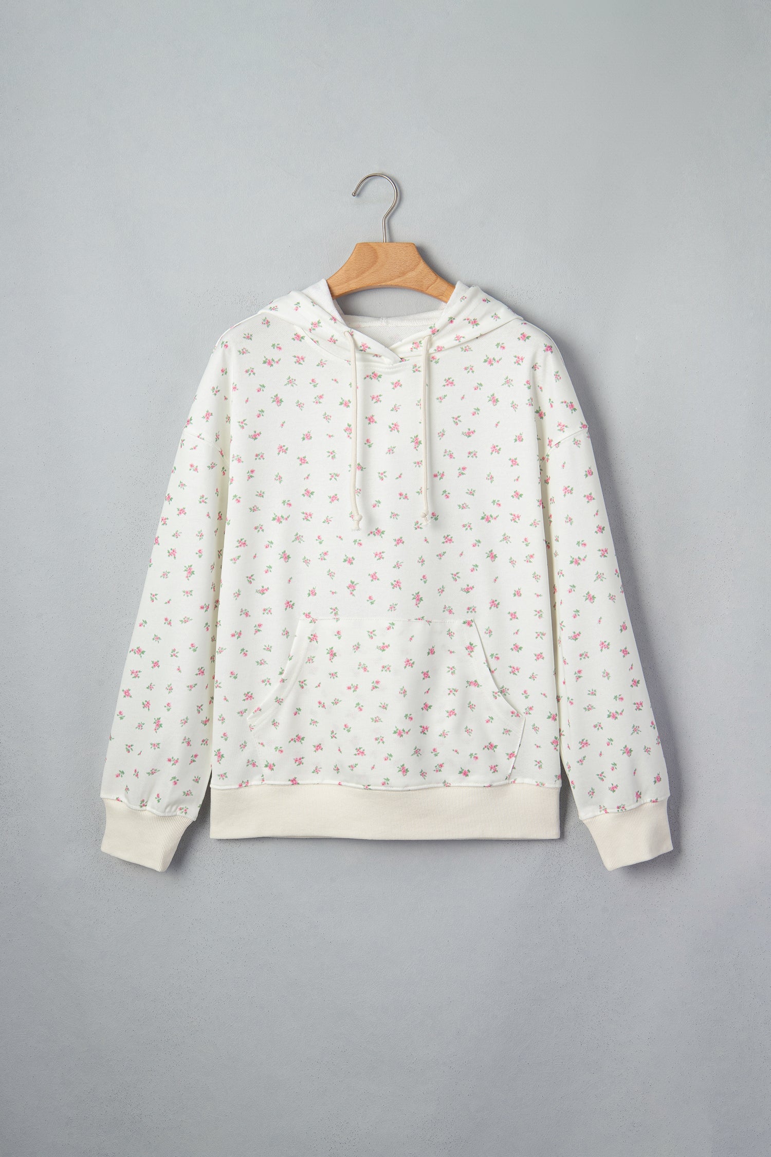 Floral Drop Shoulder Kangaroo Pocket Drawstring Hoodie