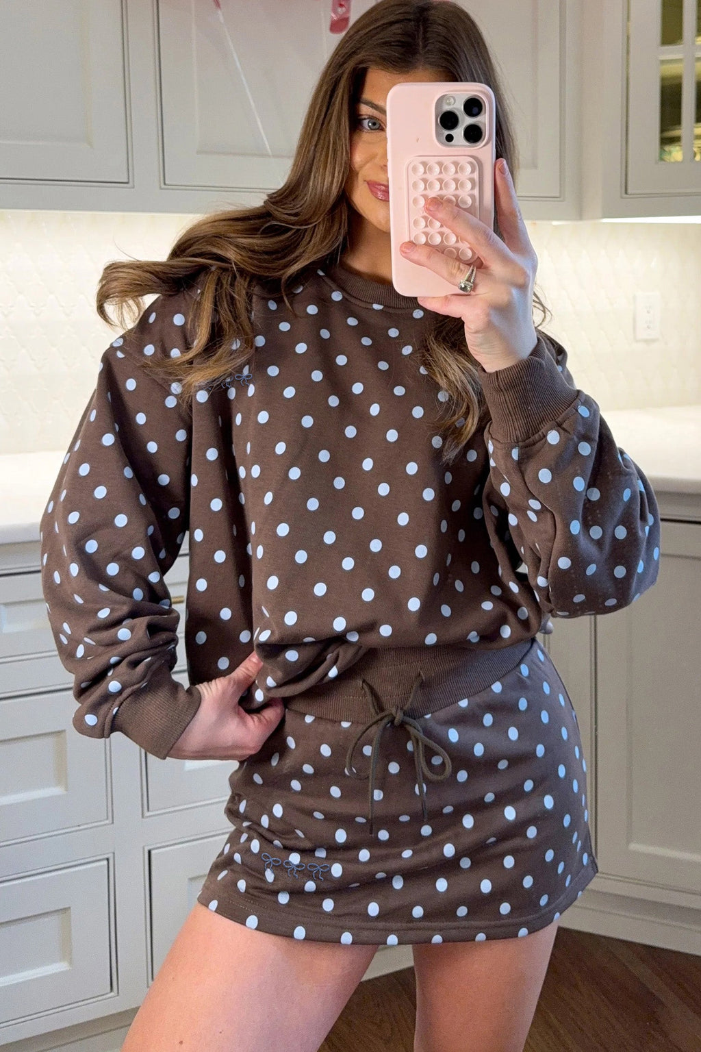 Polka Dot Long Sleeve Pullover & Bow Skort Set