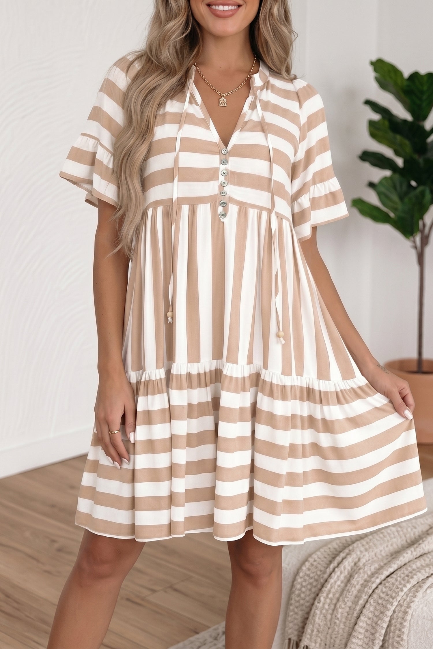 Stripe Tie V-Neck Ruffle Trim Mini Dress