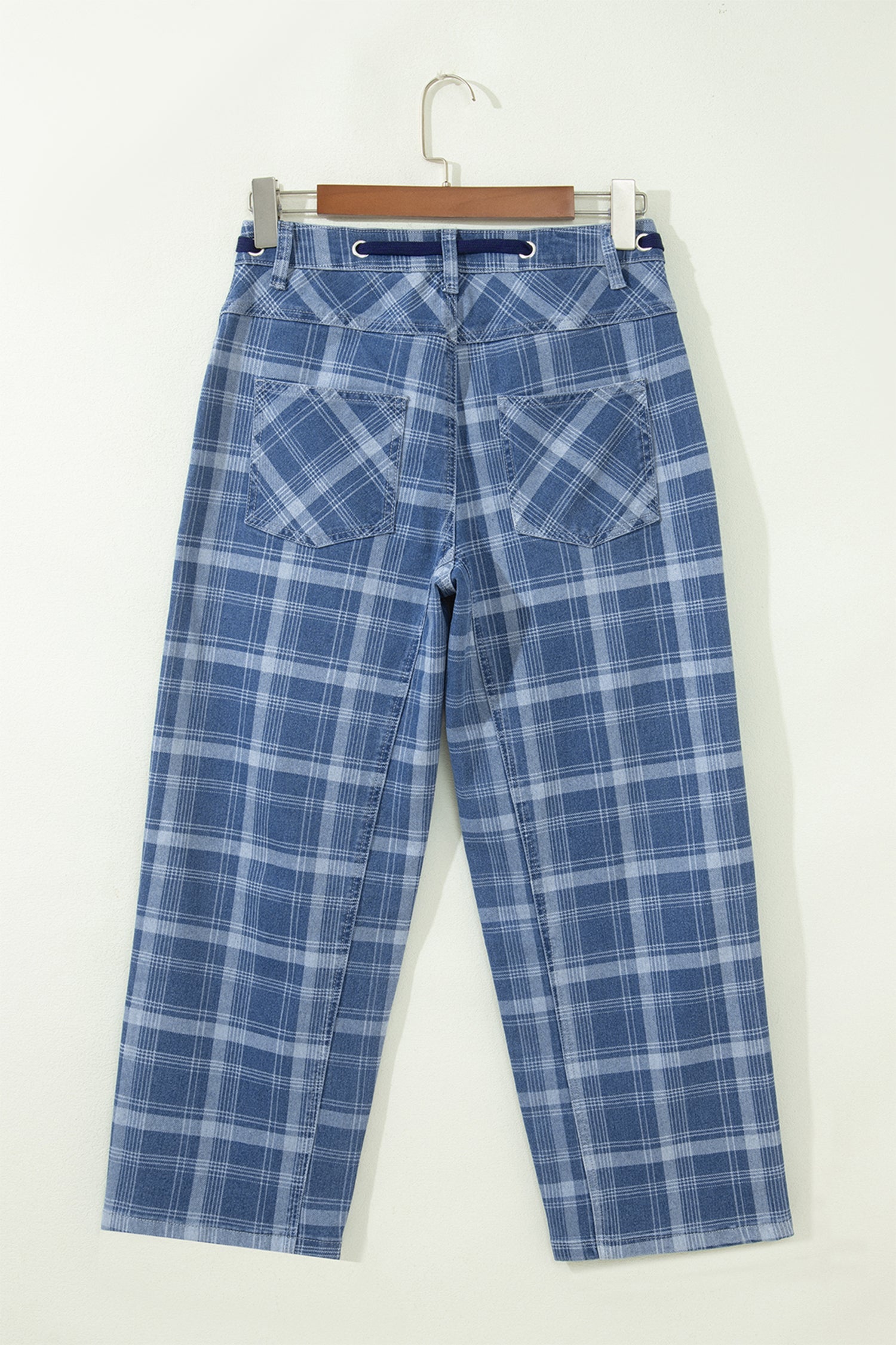 Denim Plaid Grommet Drawstring Waist Jeans