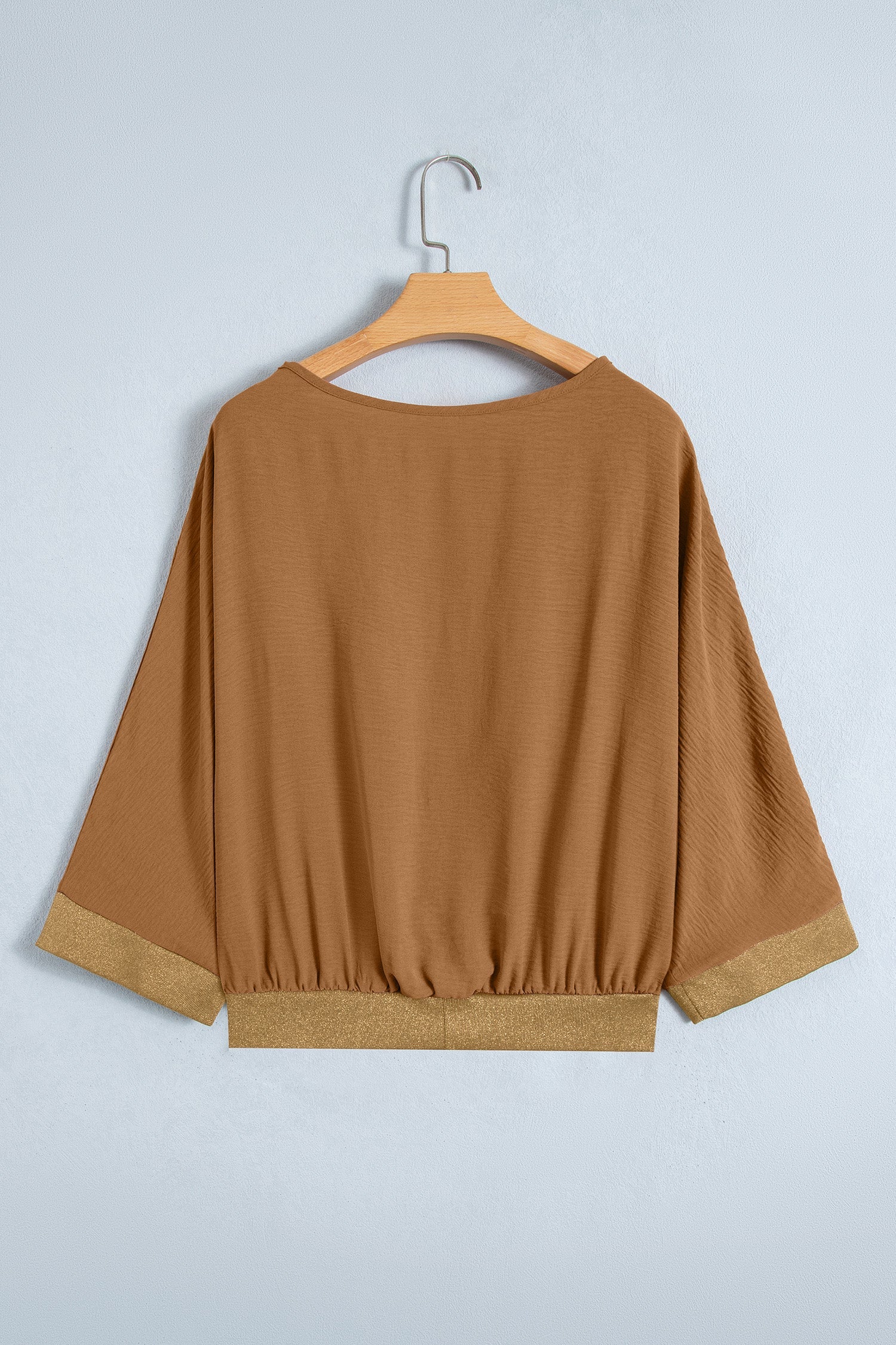 Metallic Trim 3/4 Sleeve Buttoned V-Neck Blouse