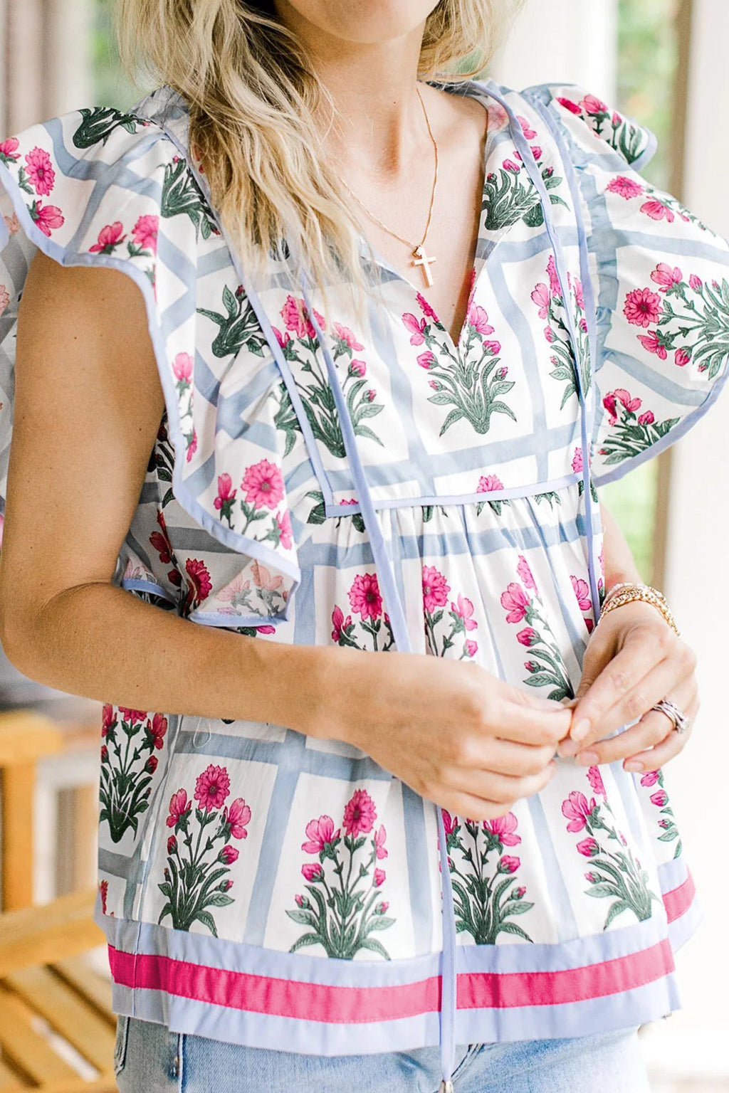 Floral Flutter Sleeve Split V-Neck Top
