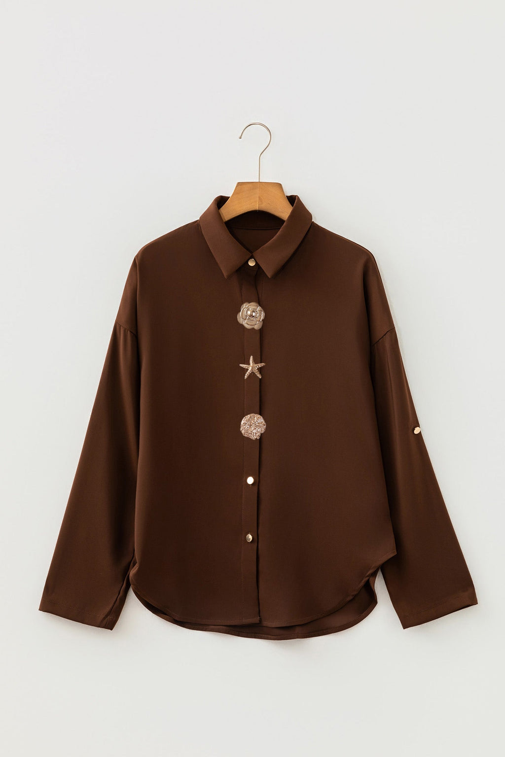 Solid Decorative Button Up Long Sleeve Shirt
