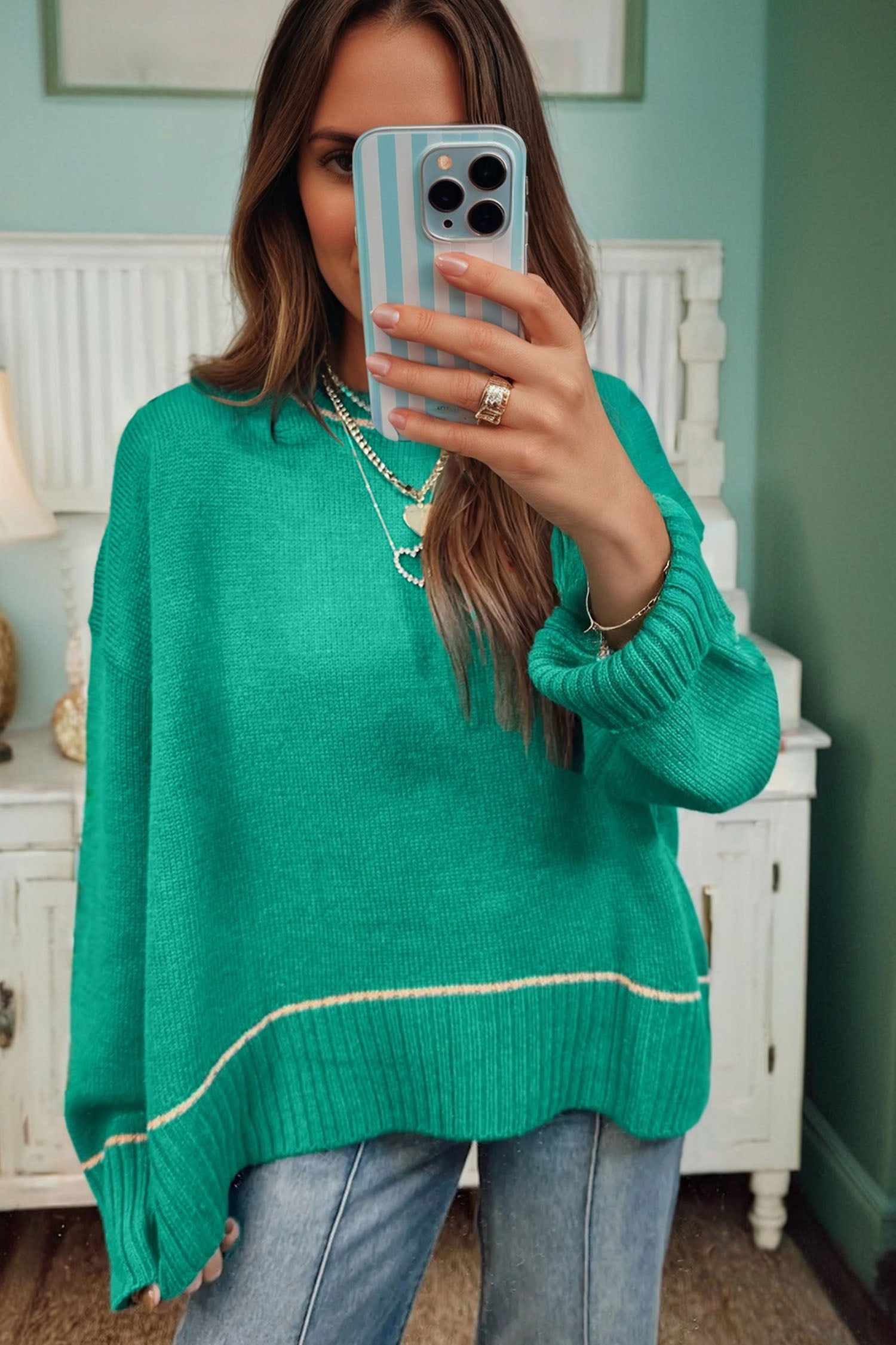 Colorblock Contrast Trim Drop Shoulder Baggy Sweater