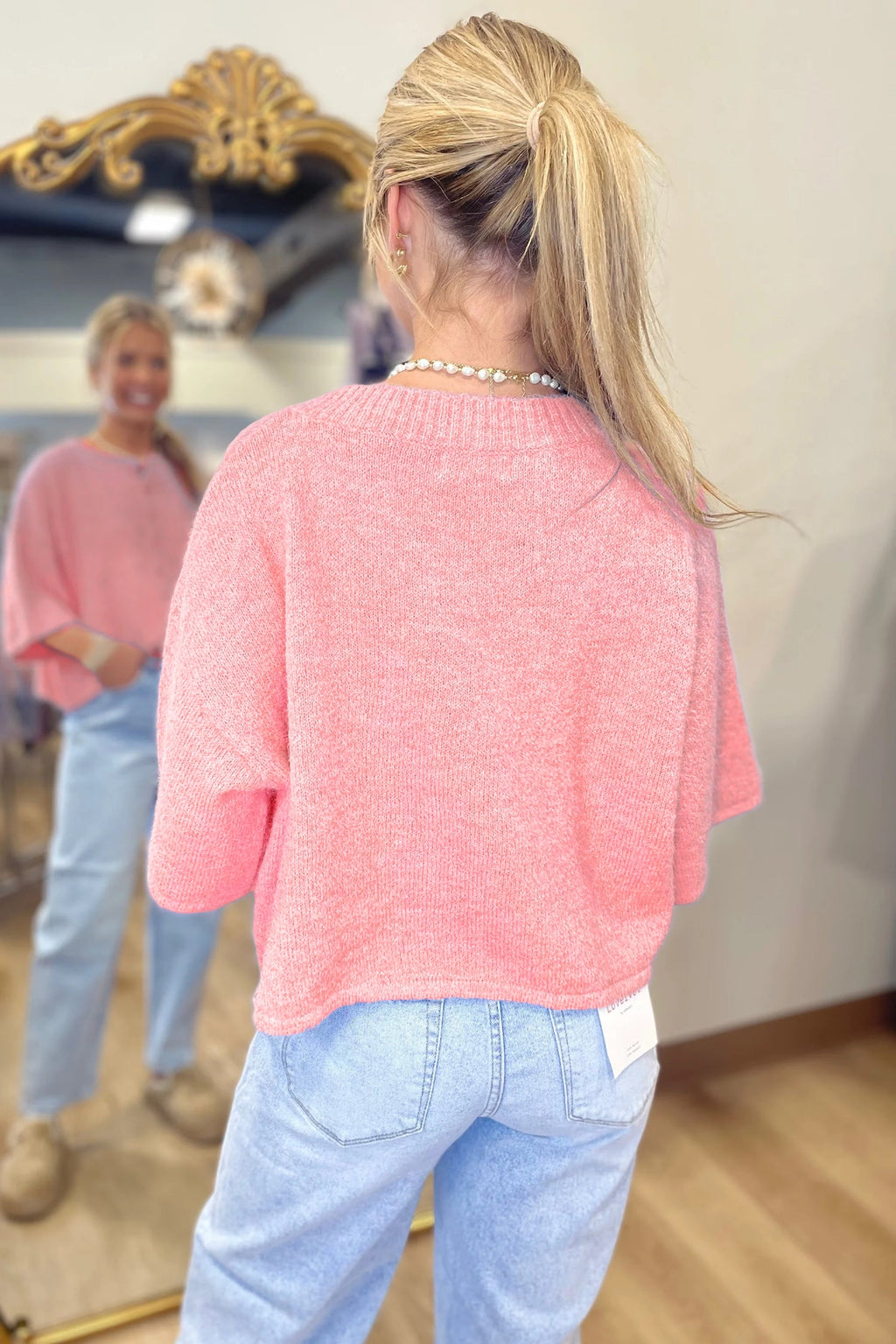 Solid 3/4 Sleeve Boxy Button-Down Cardigan