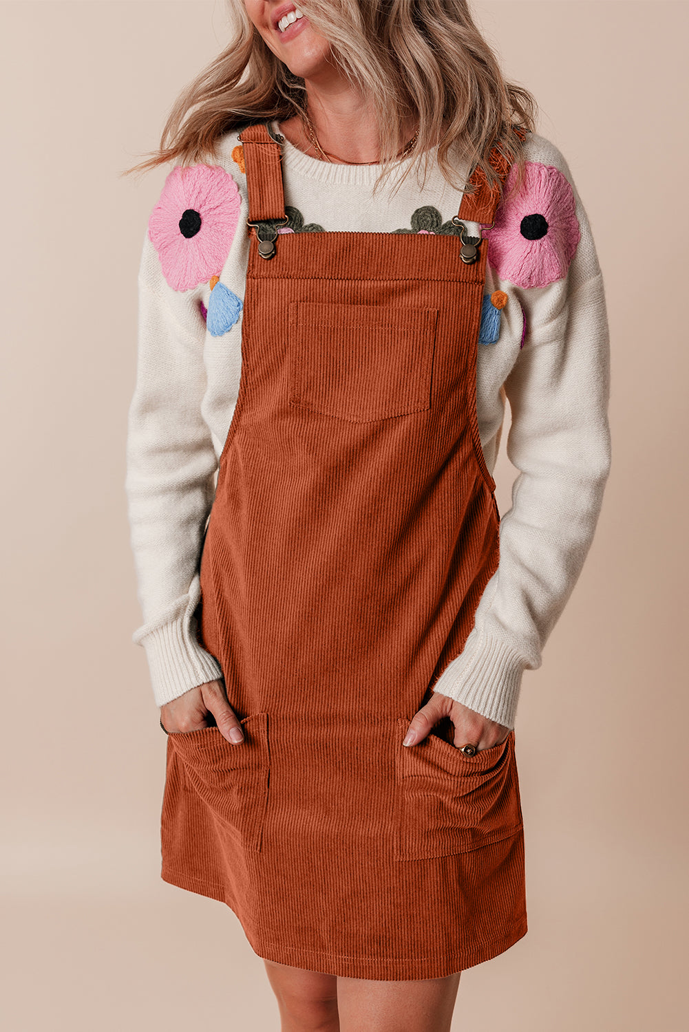 Solid Corduroy Front Pocket Sleeveless Overall Dress