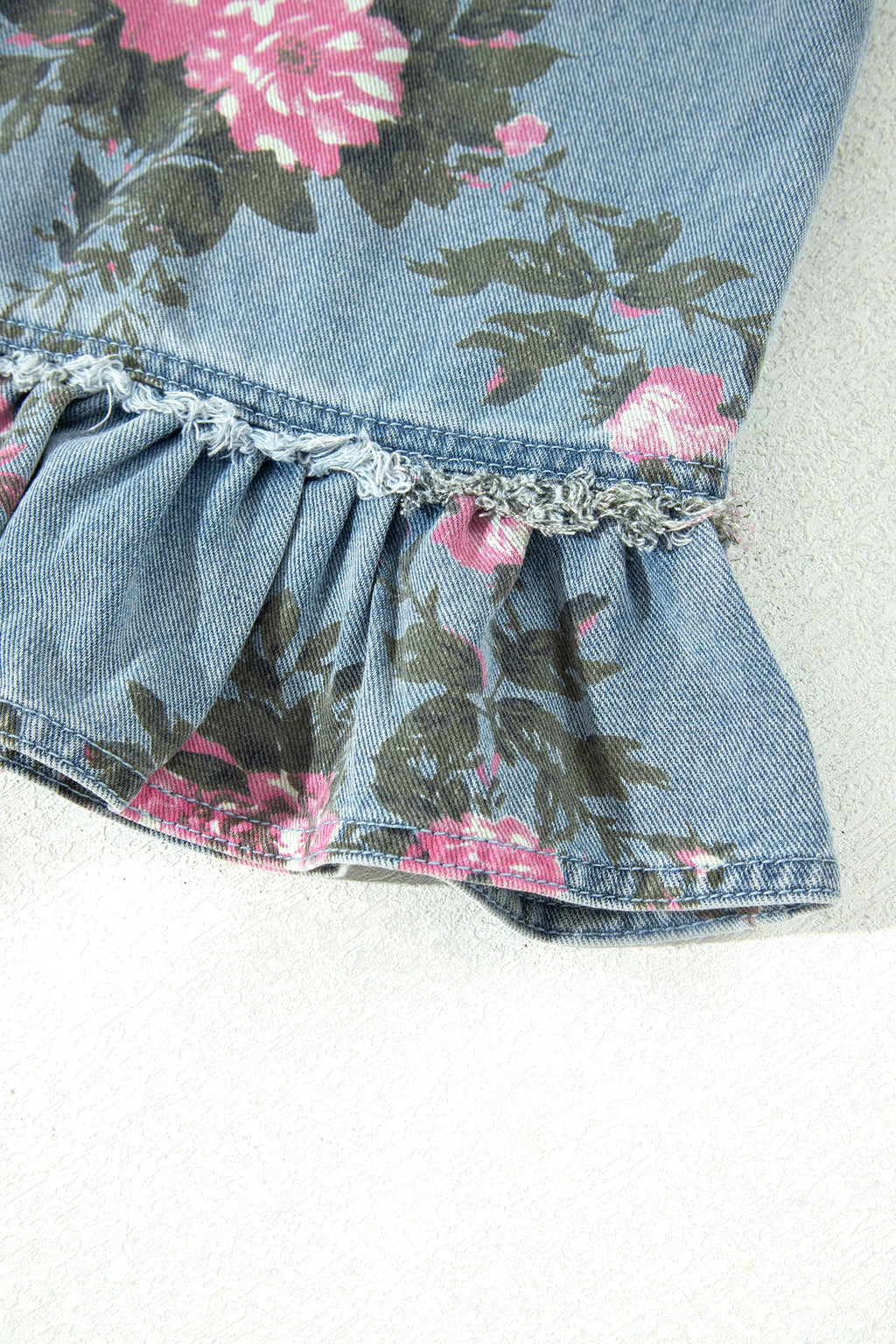 Floral Denim Raw Seam Ruffle Hem Jacket