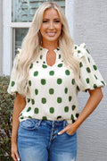 Polka Dot Shirred Notched Neck Balloon Sleeve Blouse