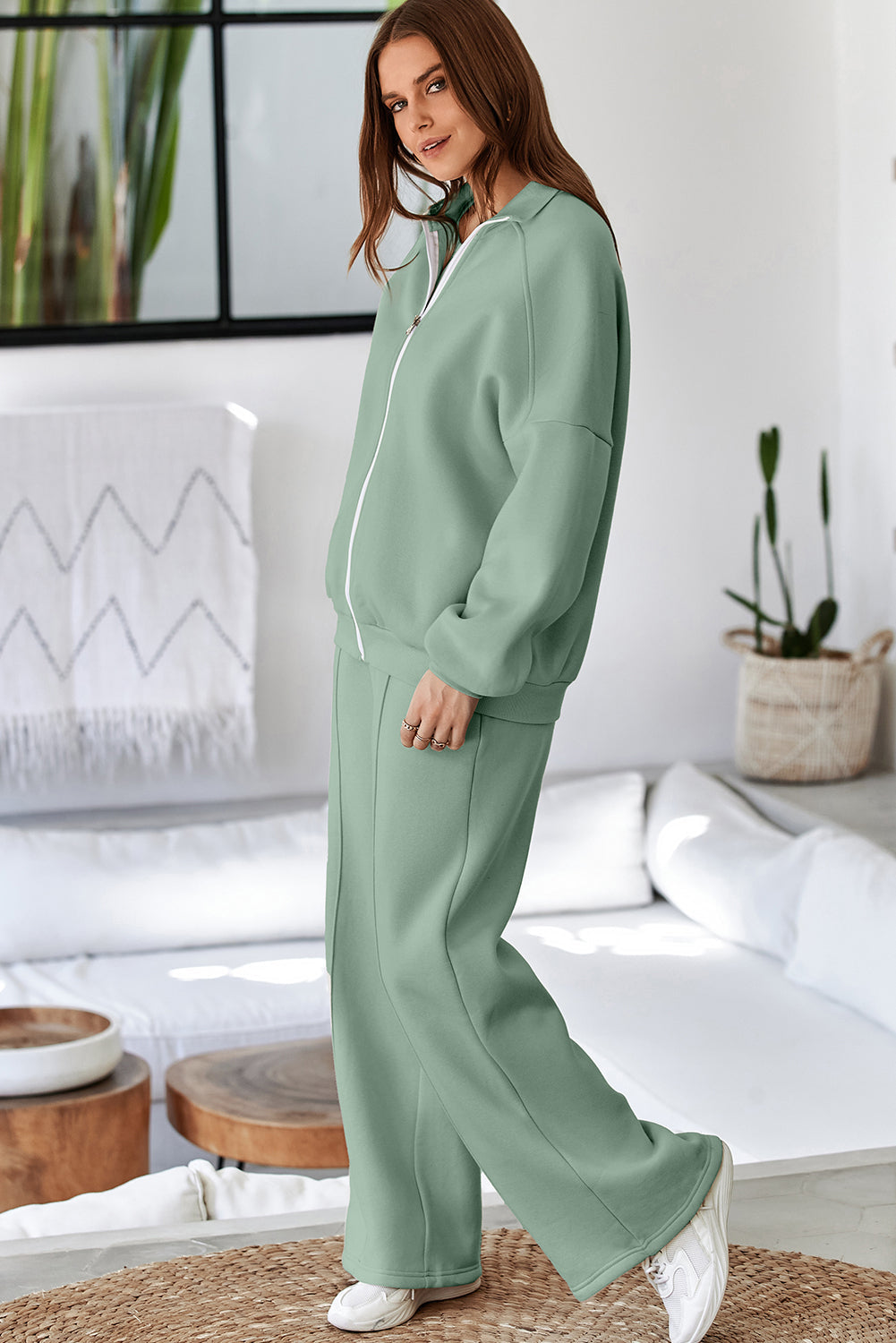 Solid Zip-Up Jacket and Drawstring Pants Set