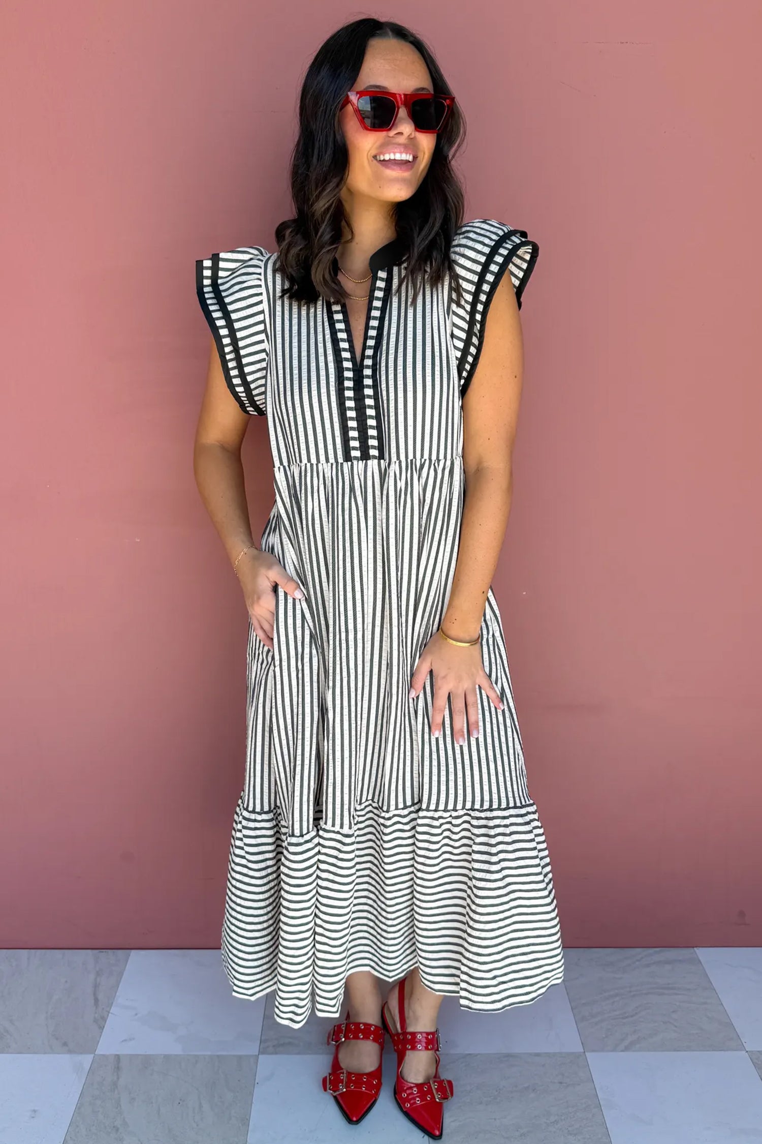 Plus Size Stripe Flutter Sleeve V-Neck Maxi Dress