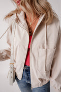 Solid Corduroy Zip-Up Pocketed Hooded Jacket
