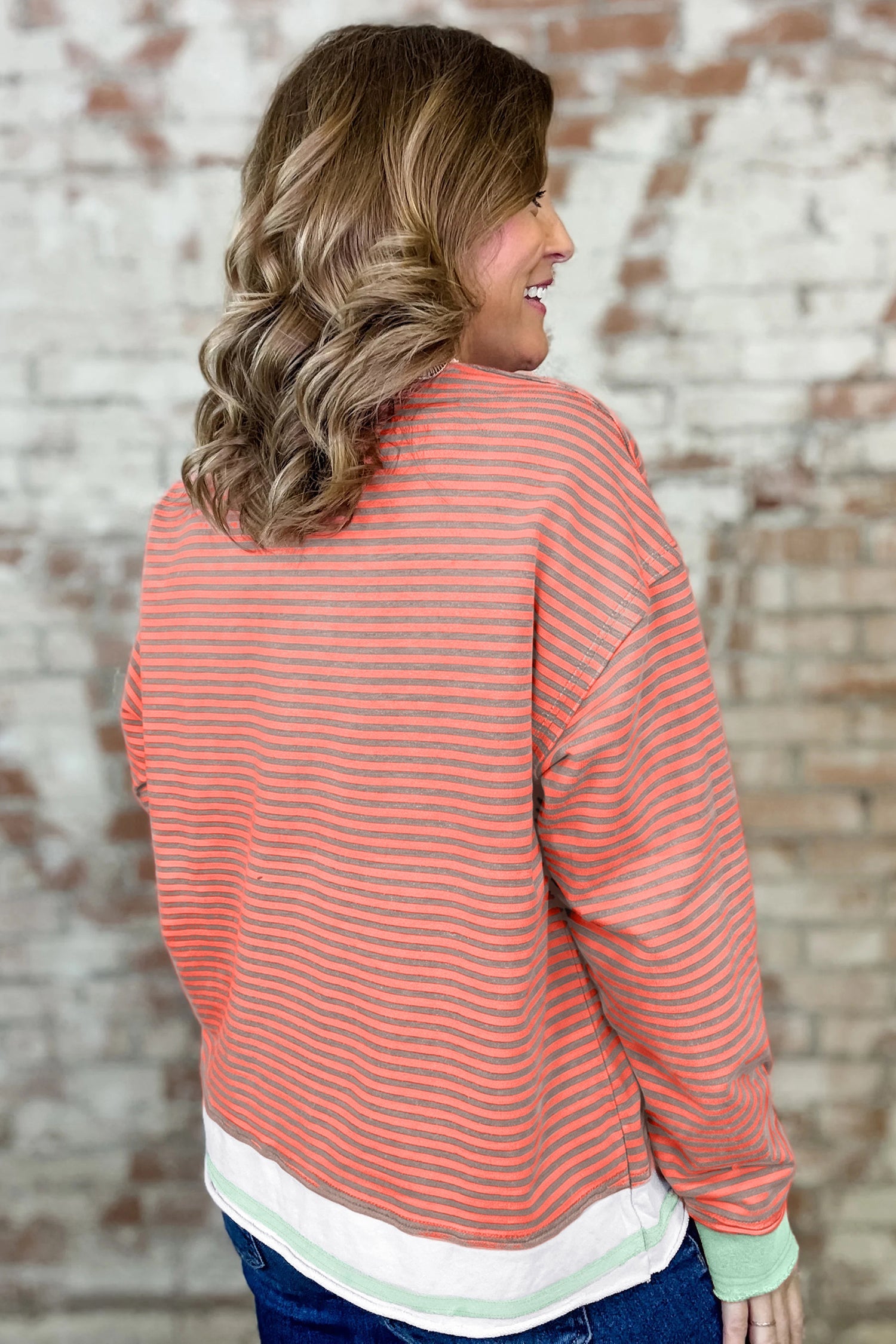Stripe Colorblock Raw Seam Long Sleeve Top