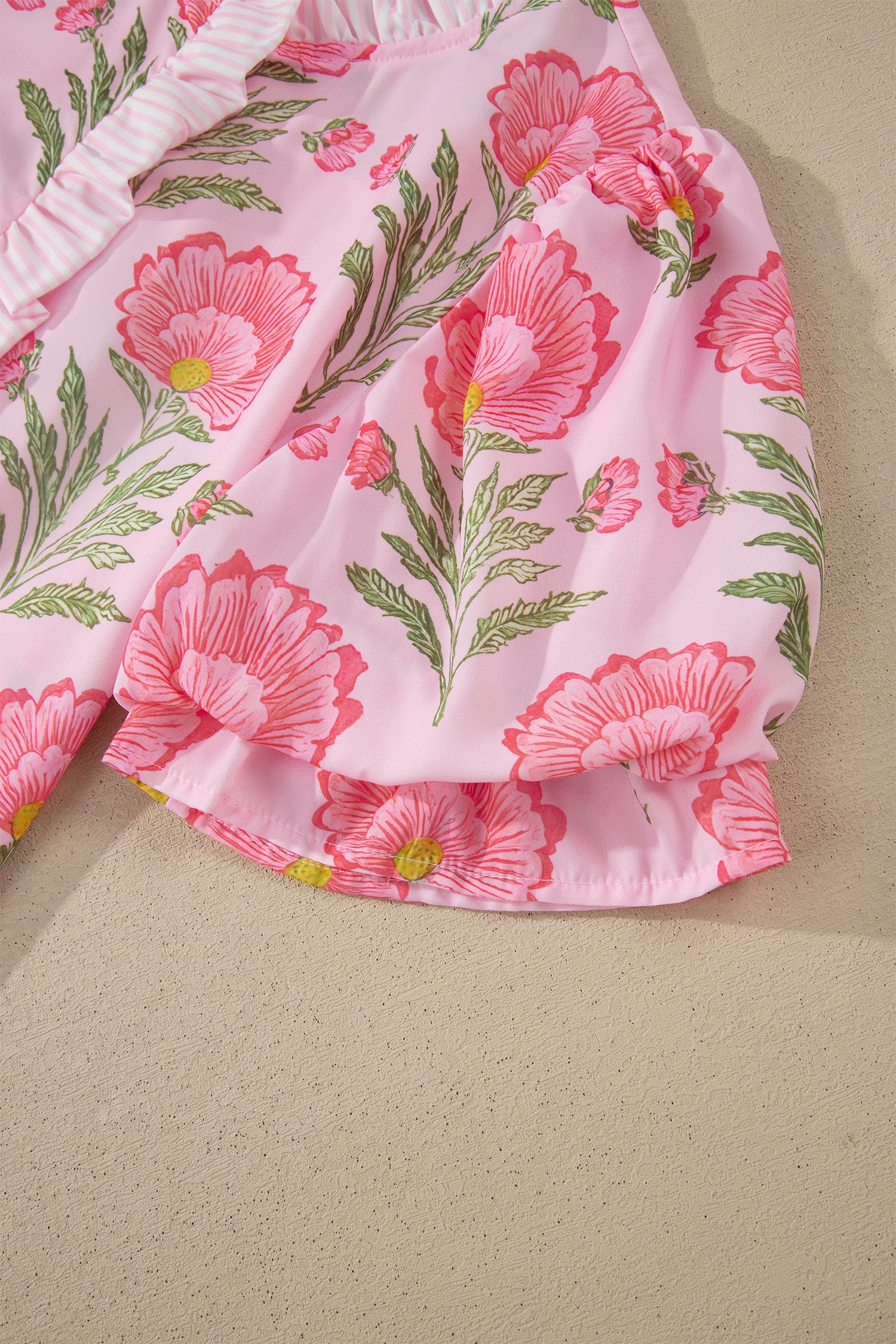 Floral Ruffle Stripe Trim Puff Sleeve Shirt