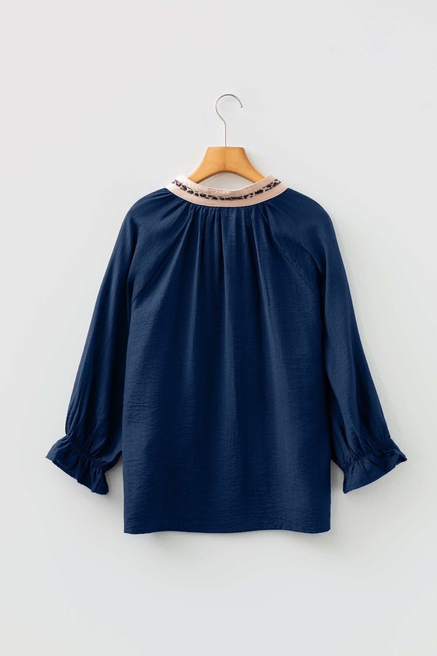 Leopard Trim Flounced  3/4 Sleeve V-Neck Blouse
