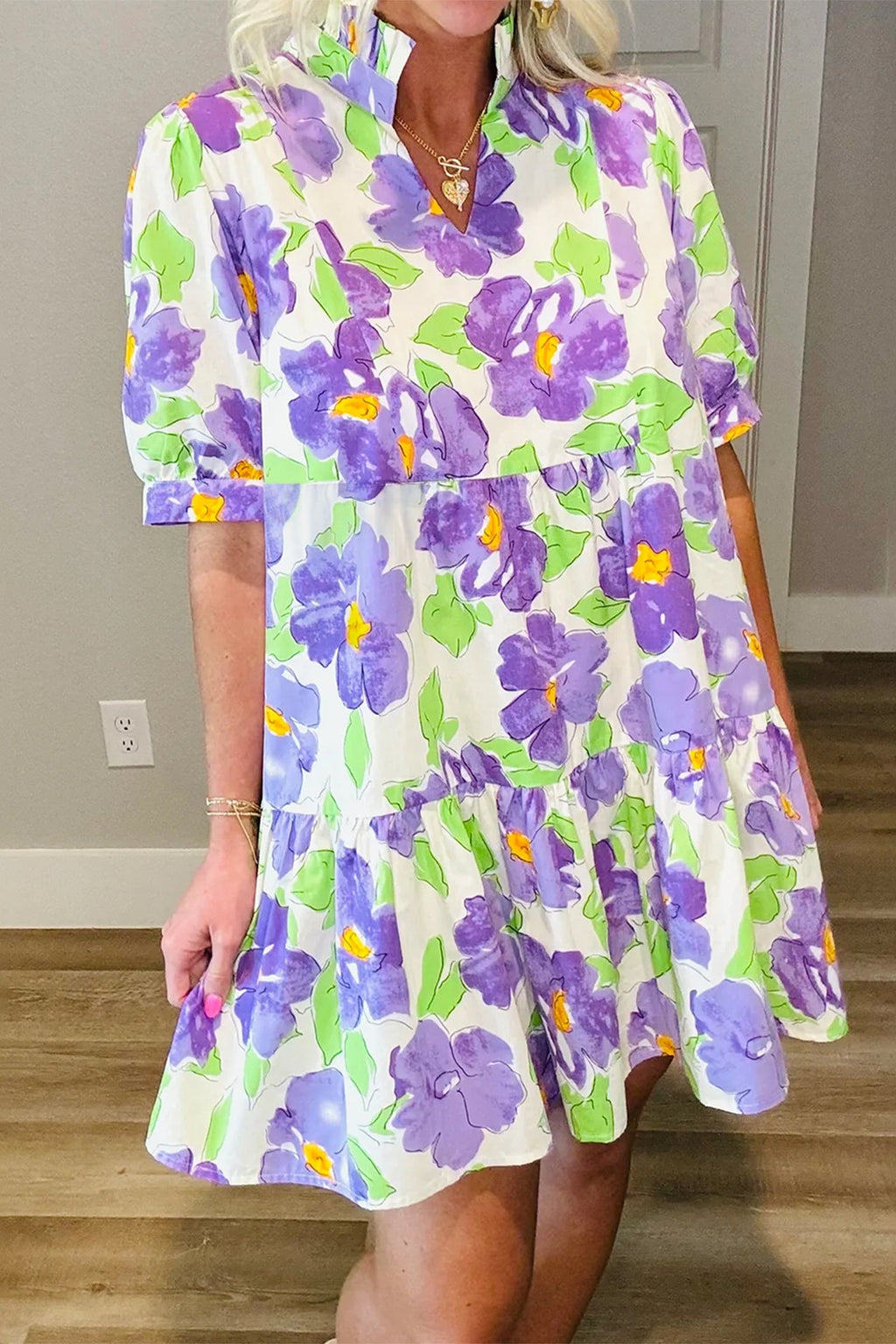 Floral Collared V-Neck Tiered Ruffle Mini Dress