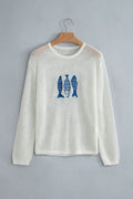 Fish Embroidered Crew Neck Crochet Knit Sweater