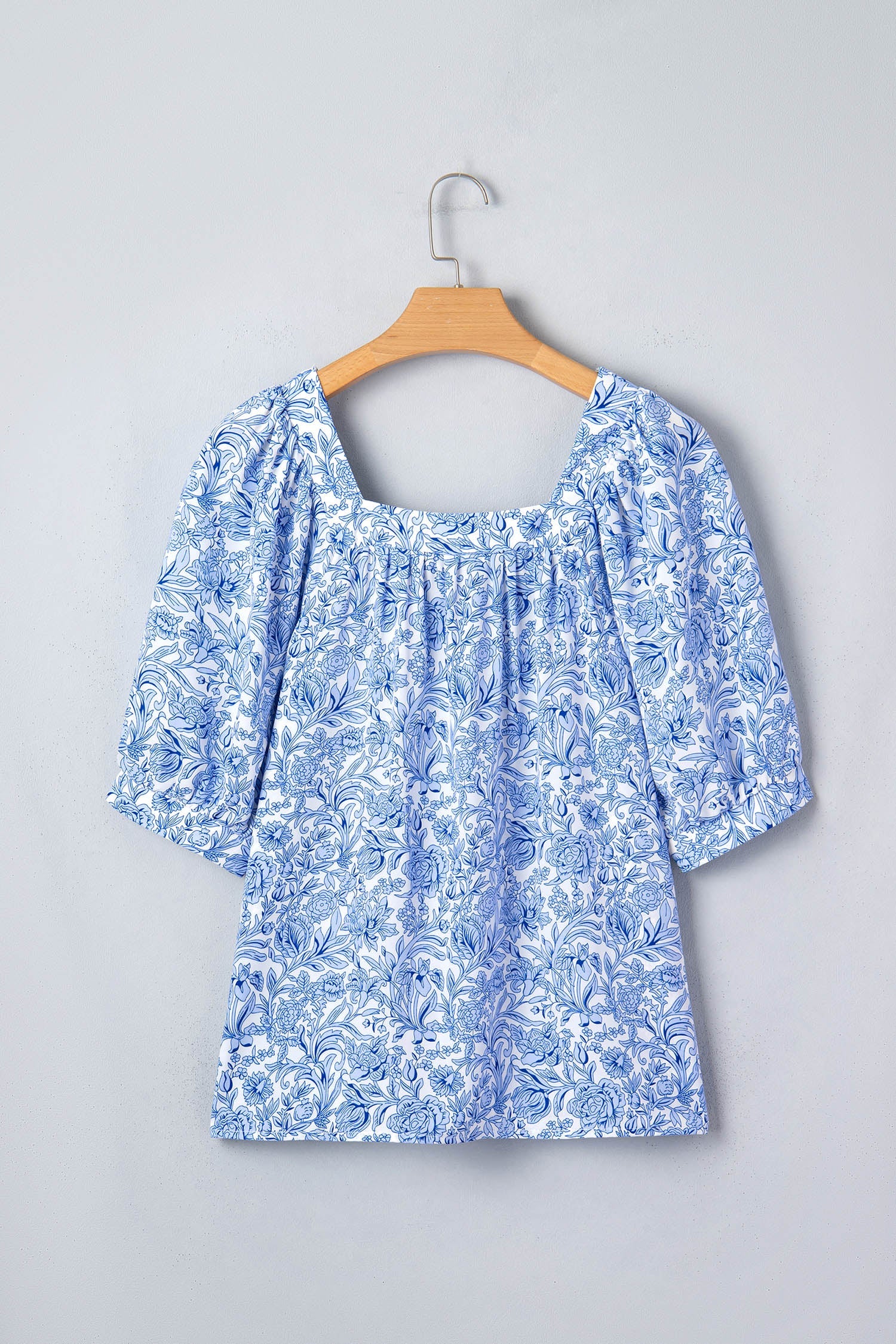 Floral Pleated Square Neck Puff Sleeve Blouse
