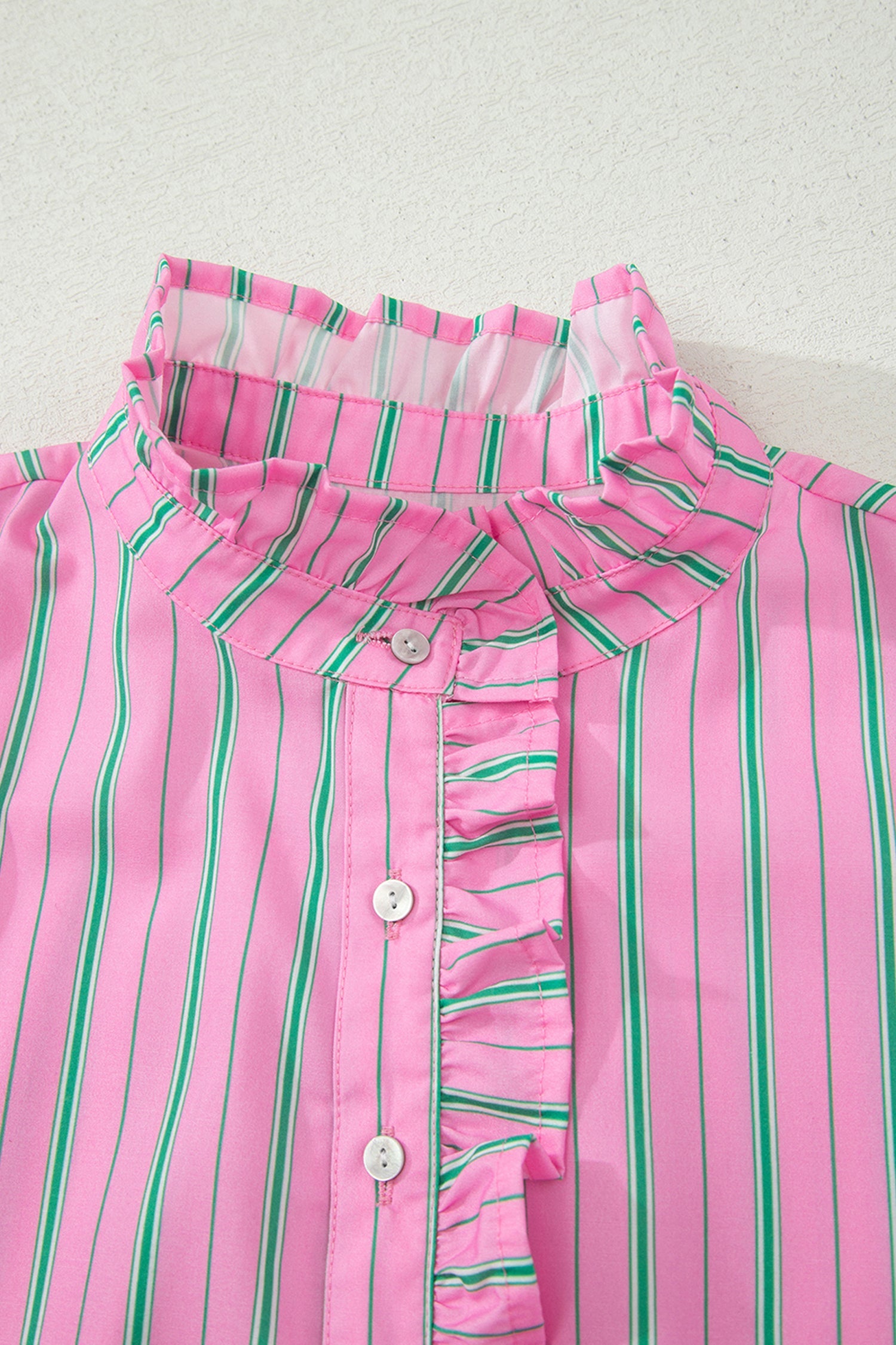 Stripe Ruffle Trim Half Button Puff Sleeve Blouse